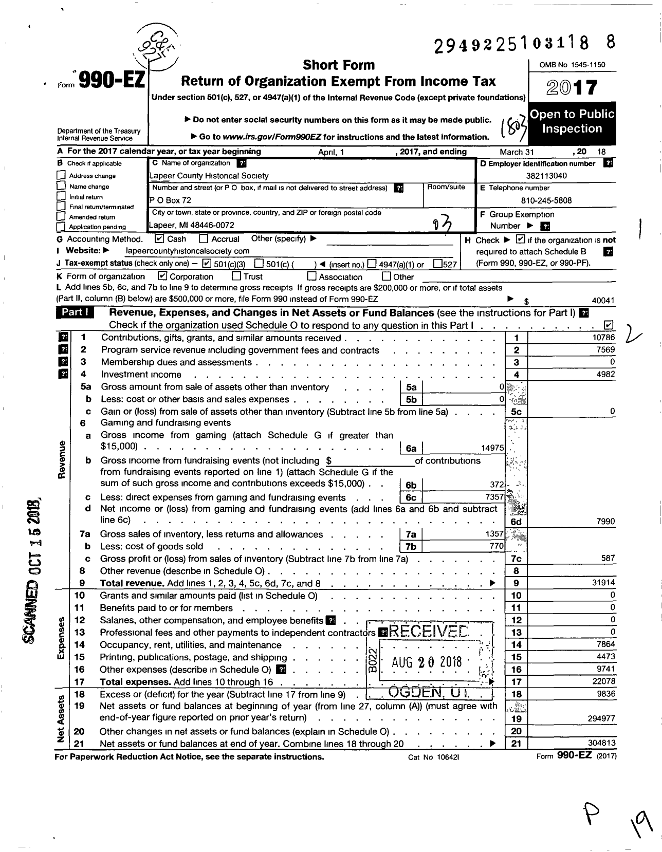 Image of first page of 2017 Form 990EZ for Lapeer County Historical Society