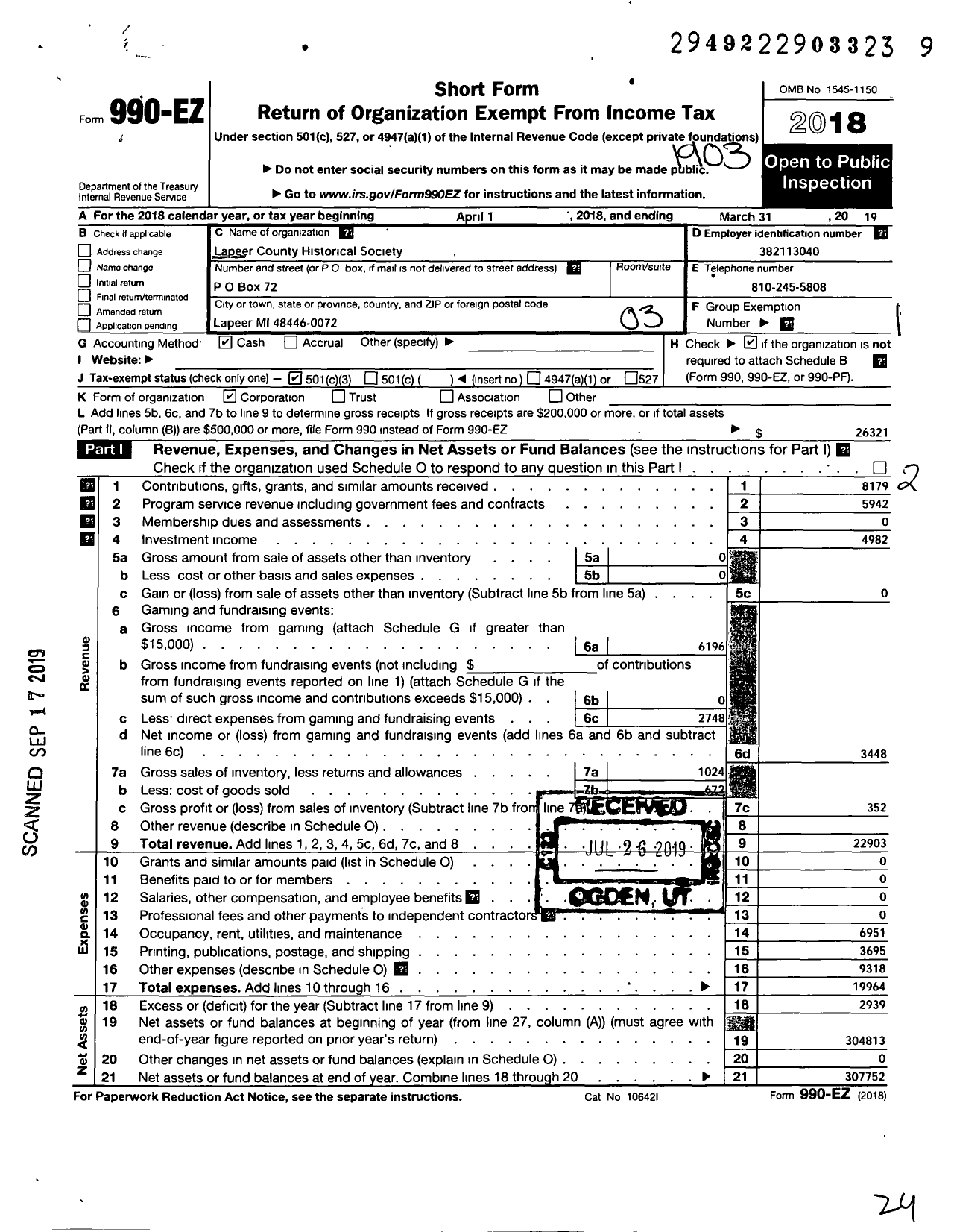 Image of first page of 2018 Form 990EZ for Lapeer County Historical Society