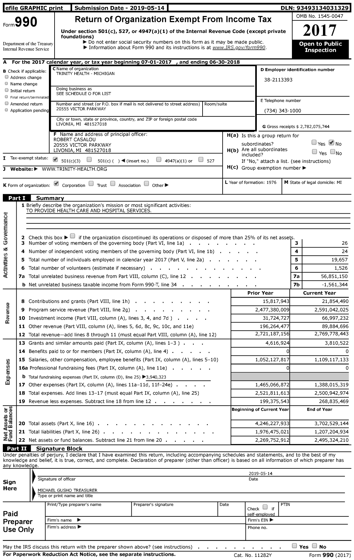 Image of first page of 2017 Form 990 for Trinity Health - Michigan