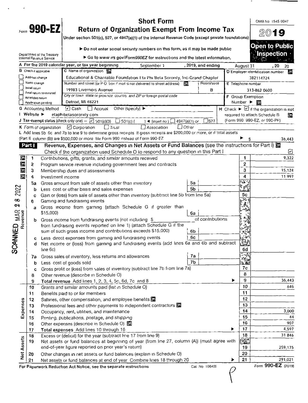 Image of first page of 2019 Form 990EZ for Educational and Charitable FD Eta Phi Beta Sorority Grand Chapter