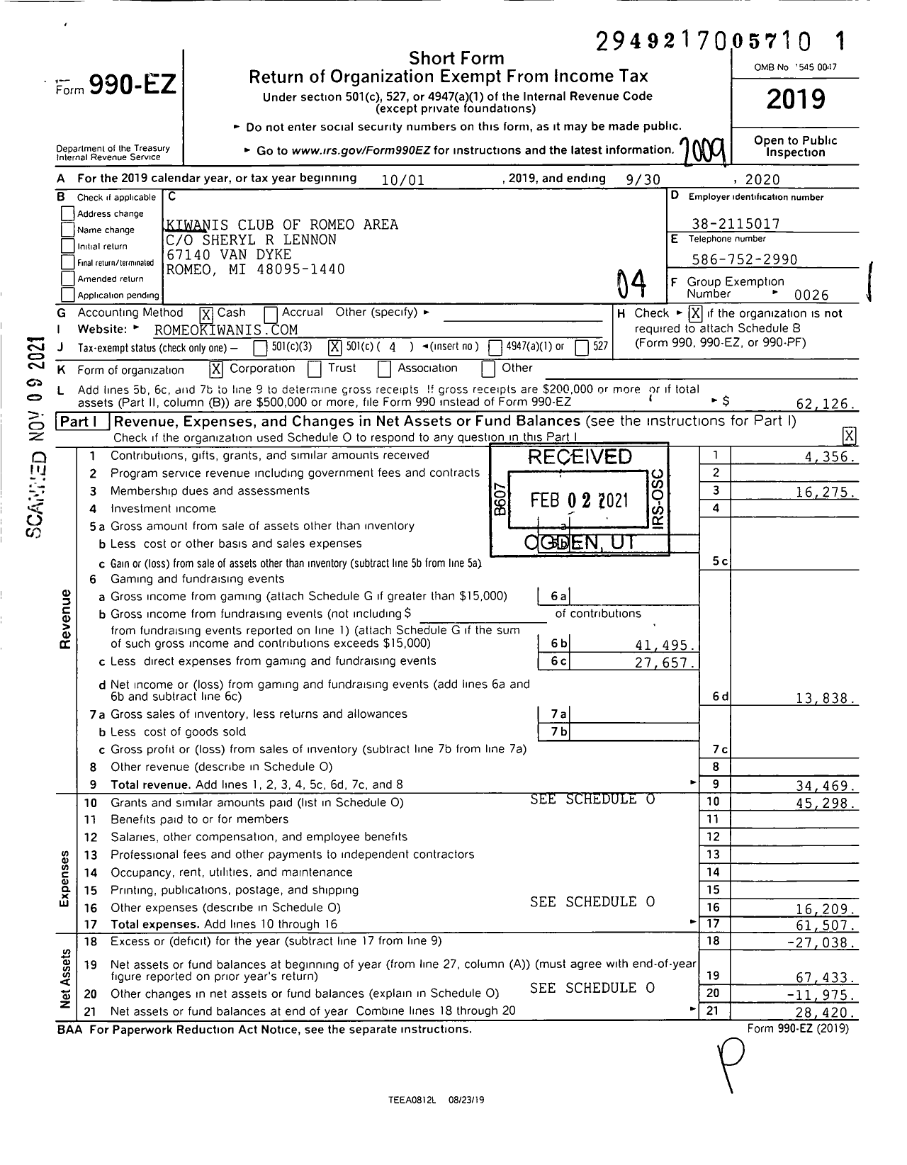 Image of first page of 2019 Form 990EO for Kiwanis International - K07648 Romeo Area