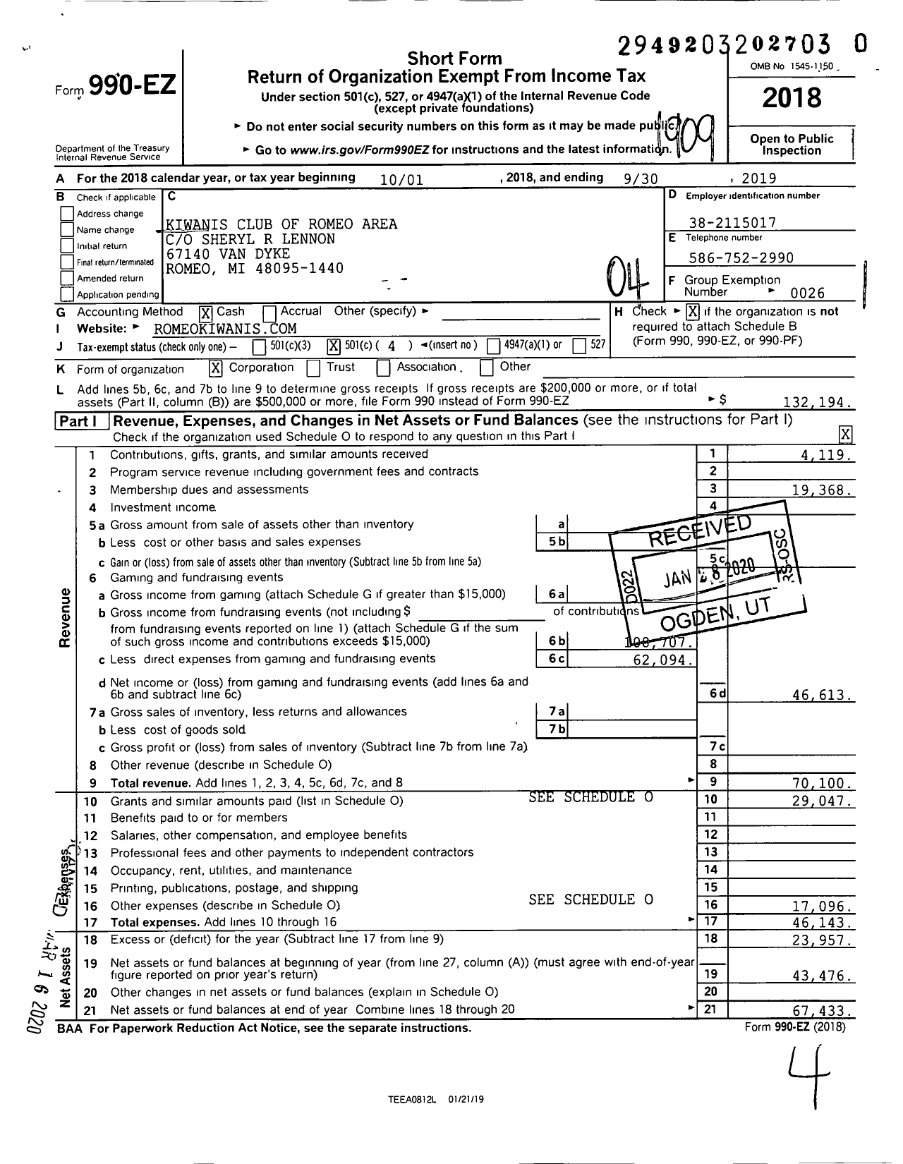 Image of first page of 2018 Form 990EO for Kiwanis International - K07648 Romeo Area