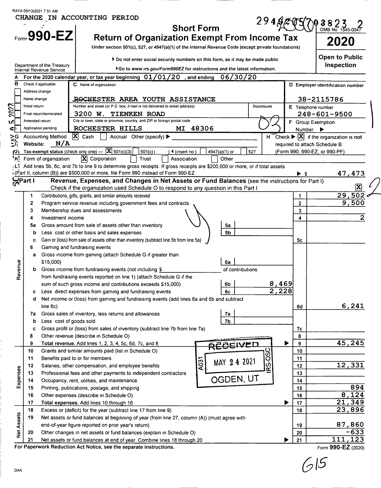 Image of first page of 2019 Form 990EZ for Rochester Area Youth Assistance