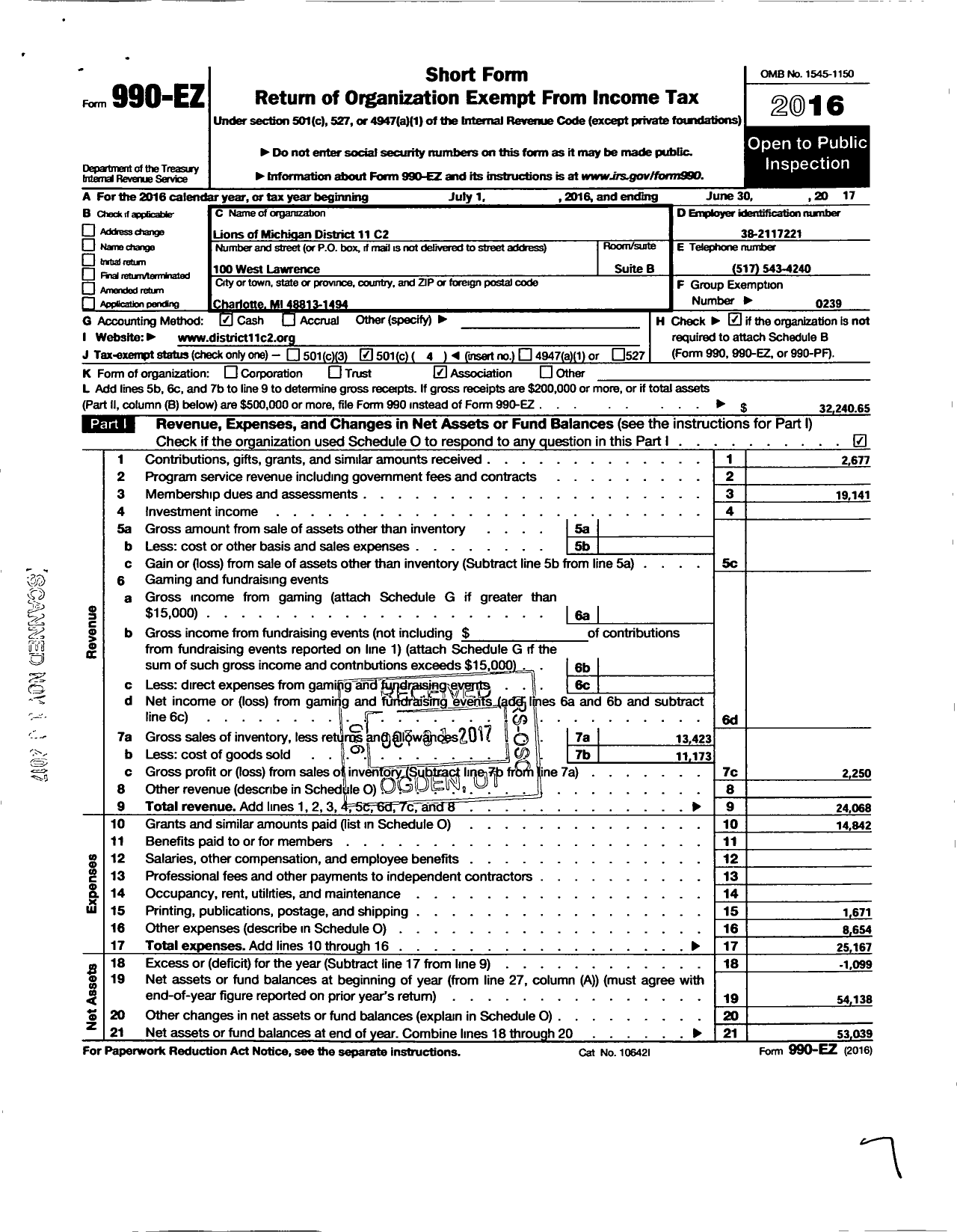 Image of first page of 2016 Form 990EO for Lions Clubs - 65632 11 C2 District