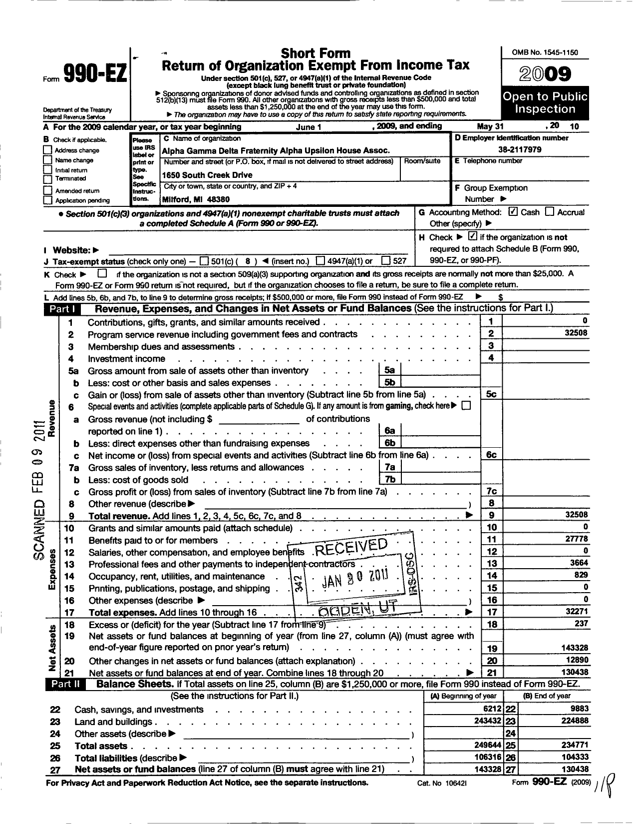 Image of first page of 2009 Form 990EO for Alpha Gamma Delta Fraternity - Alpha Upsilon House Association