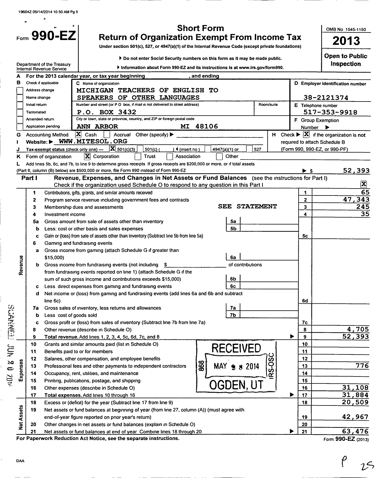 Image of first page of 2013 Form 990EZ for Michigan Teachers of English To Speakers of Other Languages