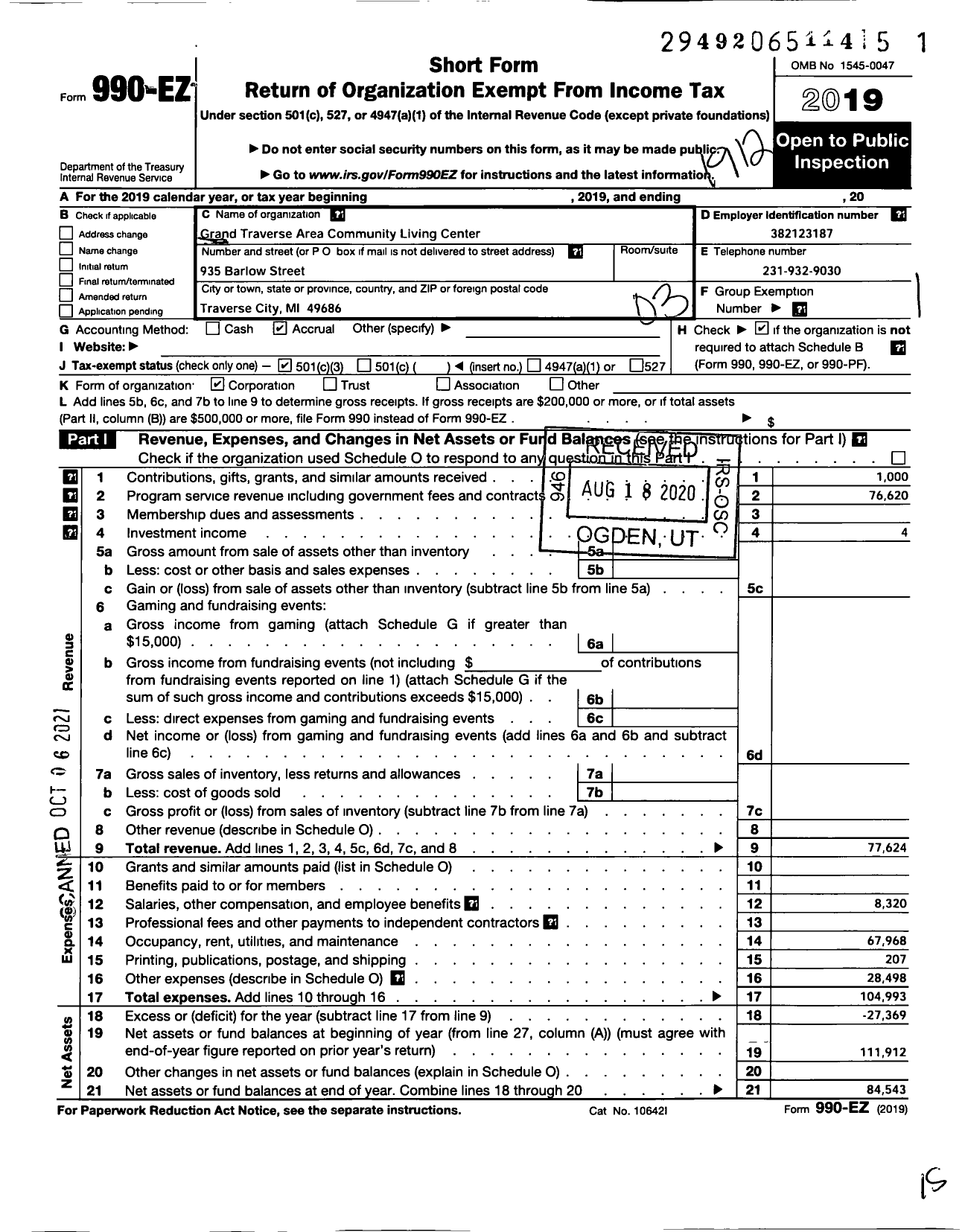 Image of first page of 2019 Form 990EZ for Grand Traverse Area Community Living Centers Non-Profit Housing