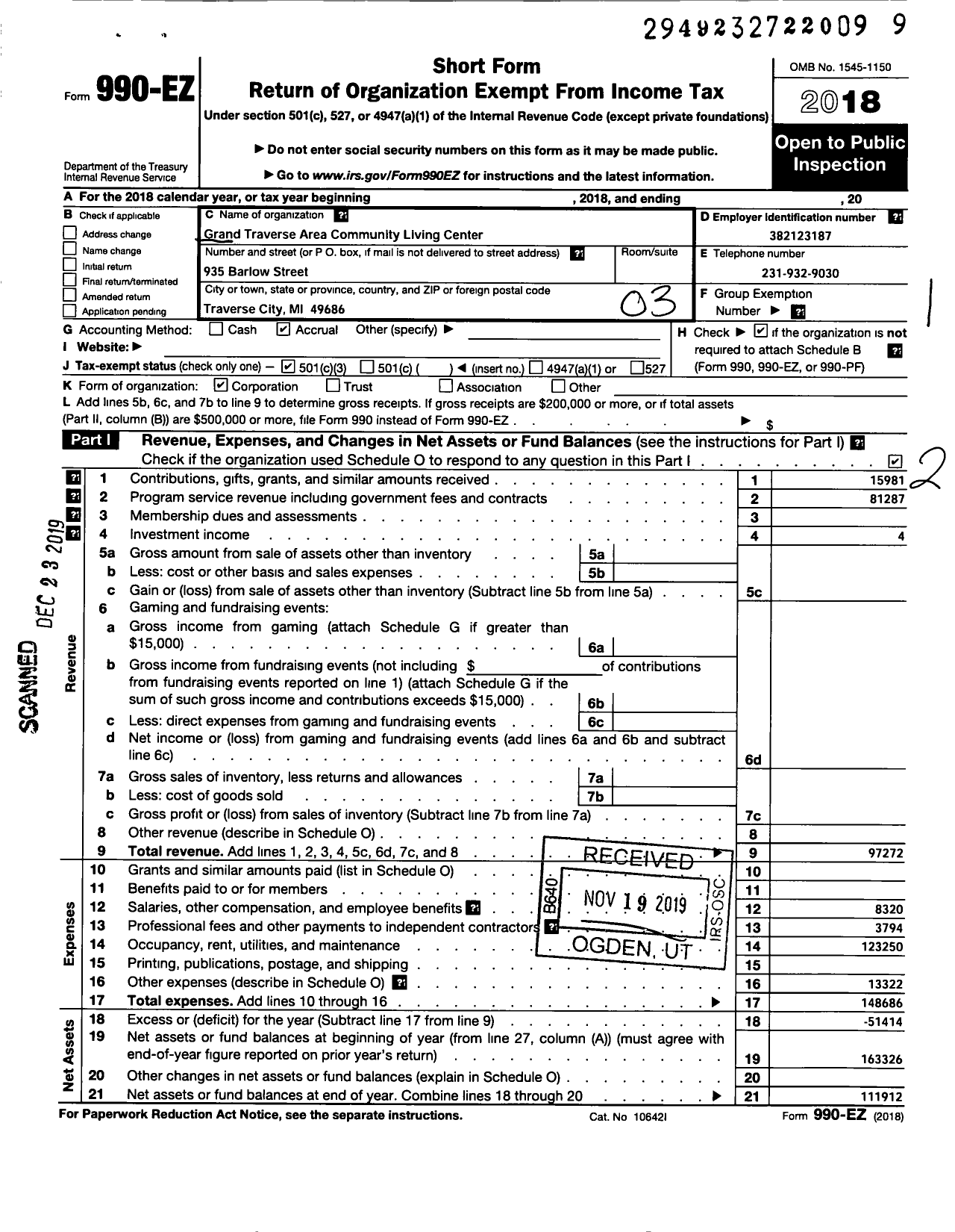 Image of first page of 2018 Form 990EZ for Grand Traverse Area Community Living Centers Non-Profit Housing