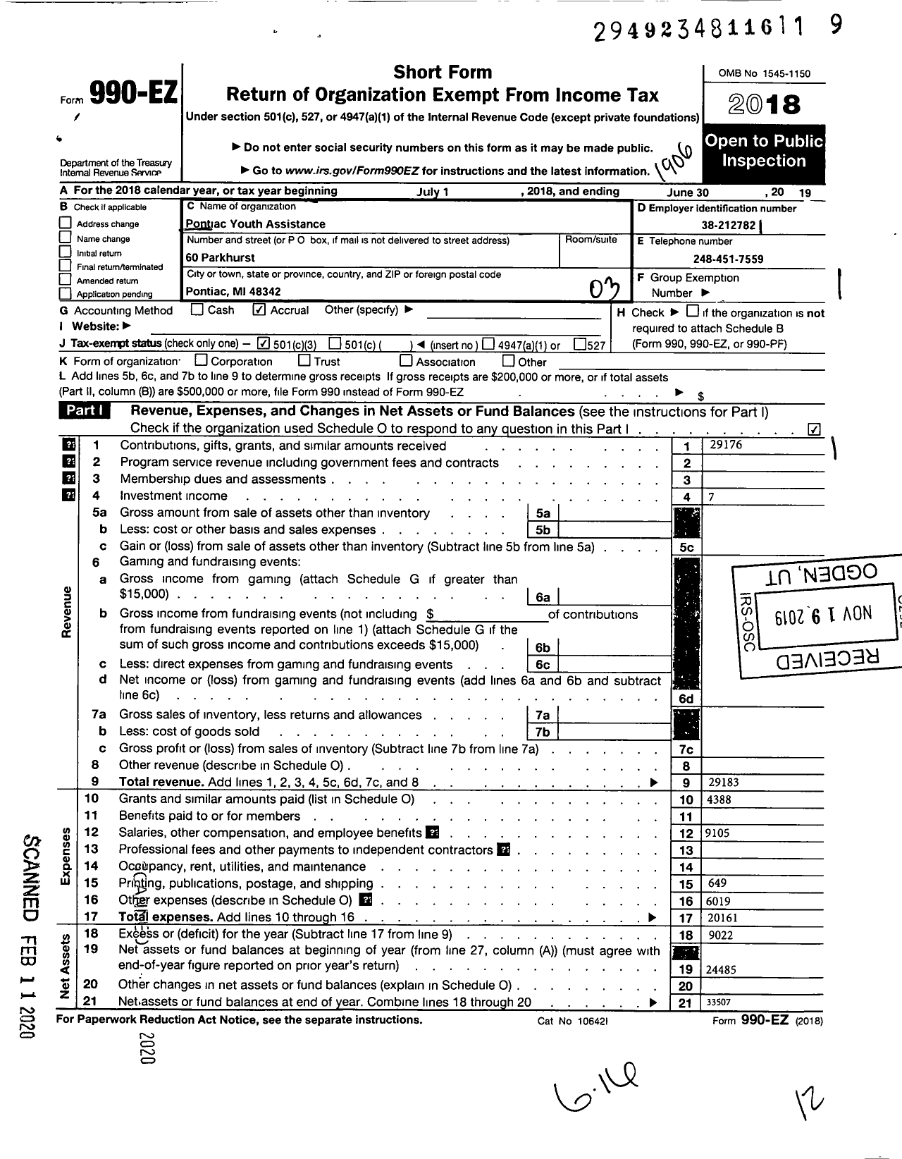 Image of first page of 2018 Form 990EZ for Pontiac Youth Assistance Committee