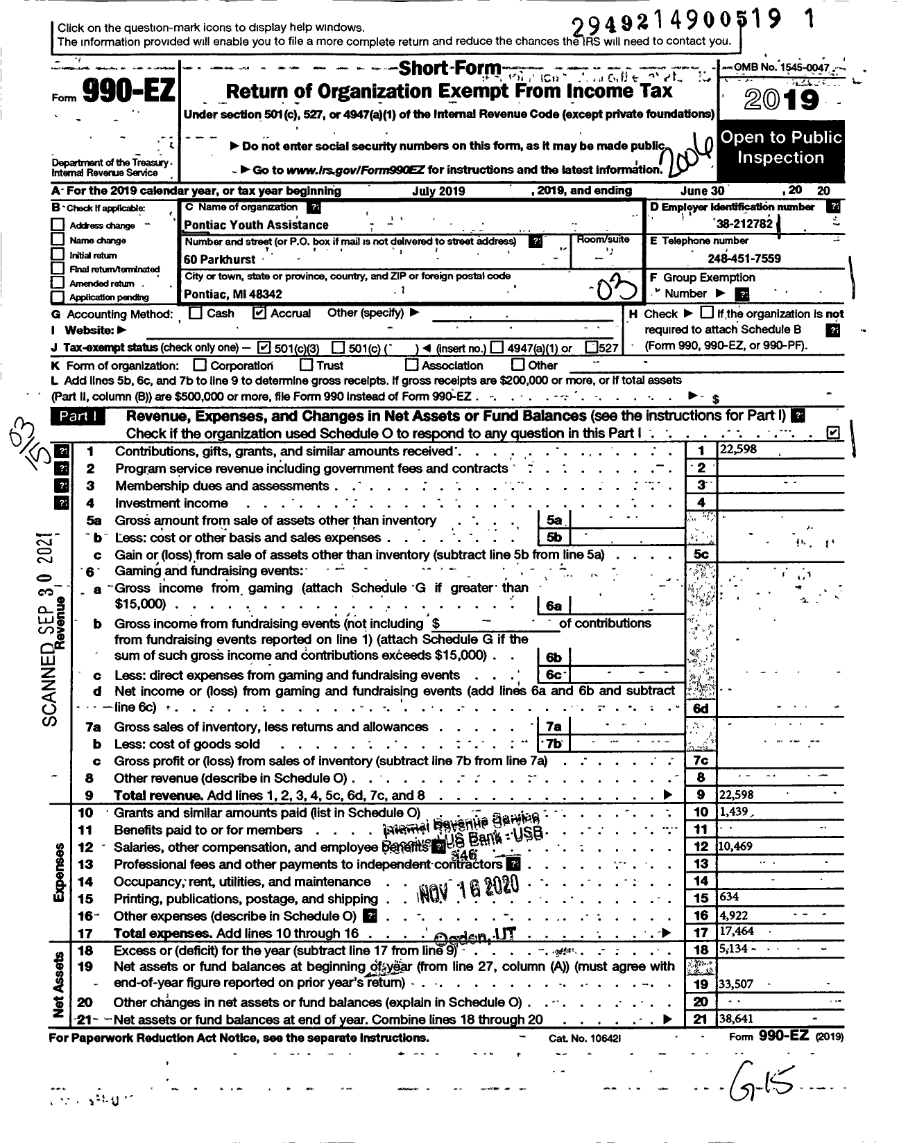 Image of first page of 2019 Form 990EZ for Pontiac Youth Assistance Committee