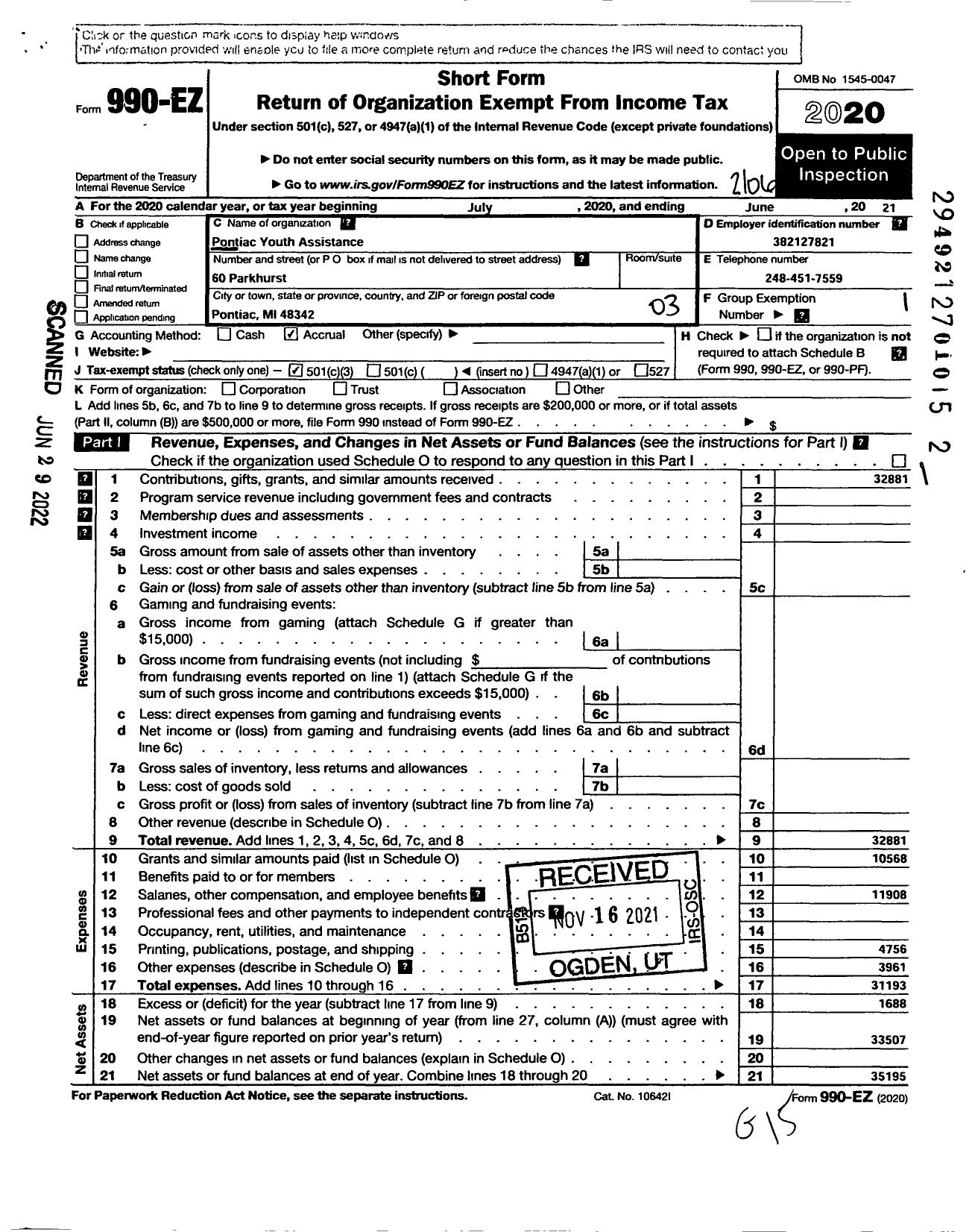 Image of first page of 2020 Form 990EZ for Pontiac Youth Assistance Committee