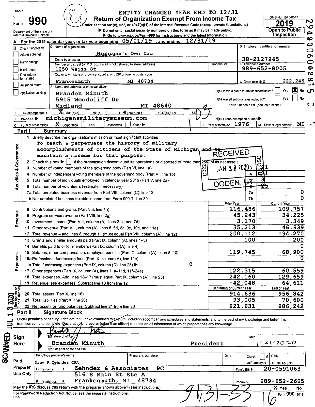 Image of first page of 2019 Form 990 for Michigan's Heroes Museum