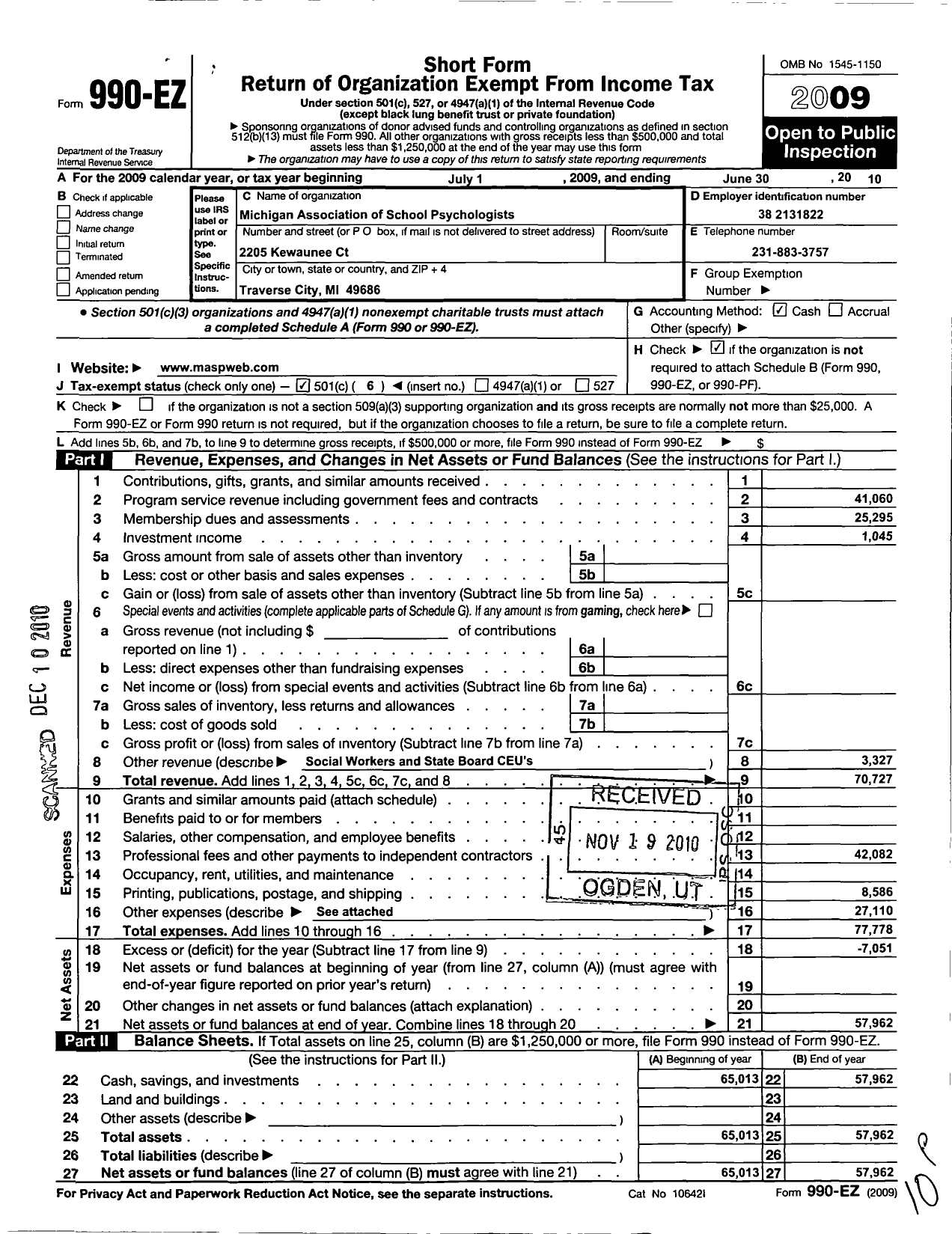 Image of first page of 2009 Form 990EO for Michigan Association of School Psychologists