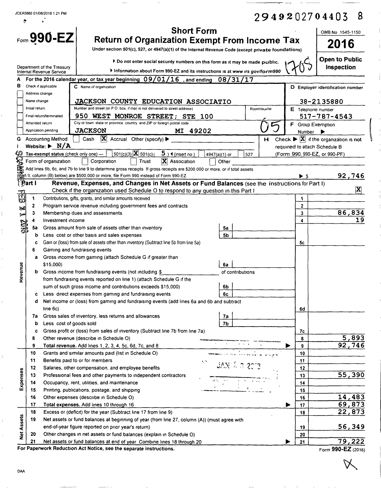 Image of first page of 2016 Form 990EO for Jackson County Education Association