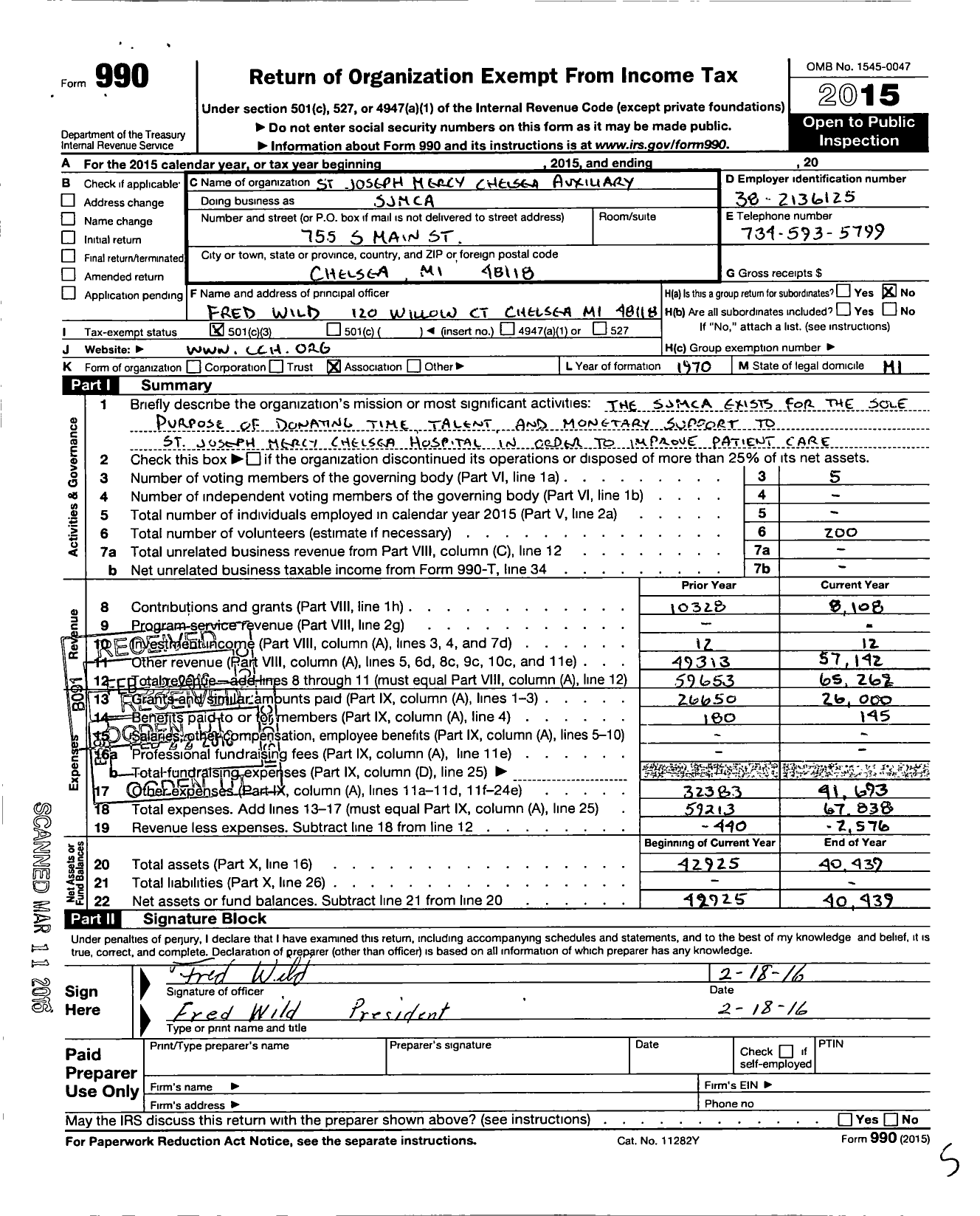 Image of first page of 2015 Form 990 for St Joseph Mercy Chelsea Auxiliary