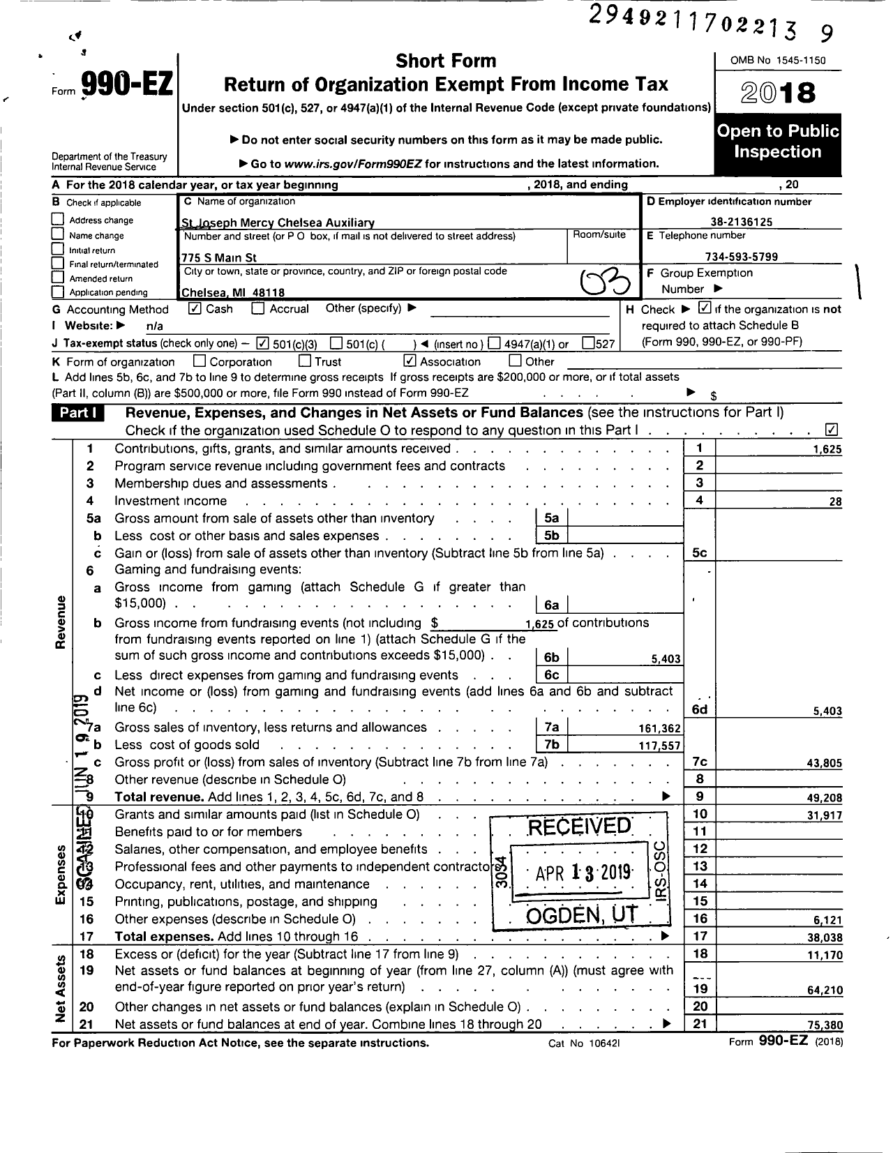 Image of first page of 2018 Form 990EZ for St Joseph Mercy Chelsea Auxiliary