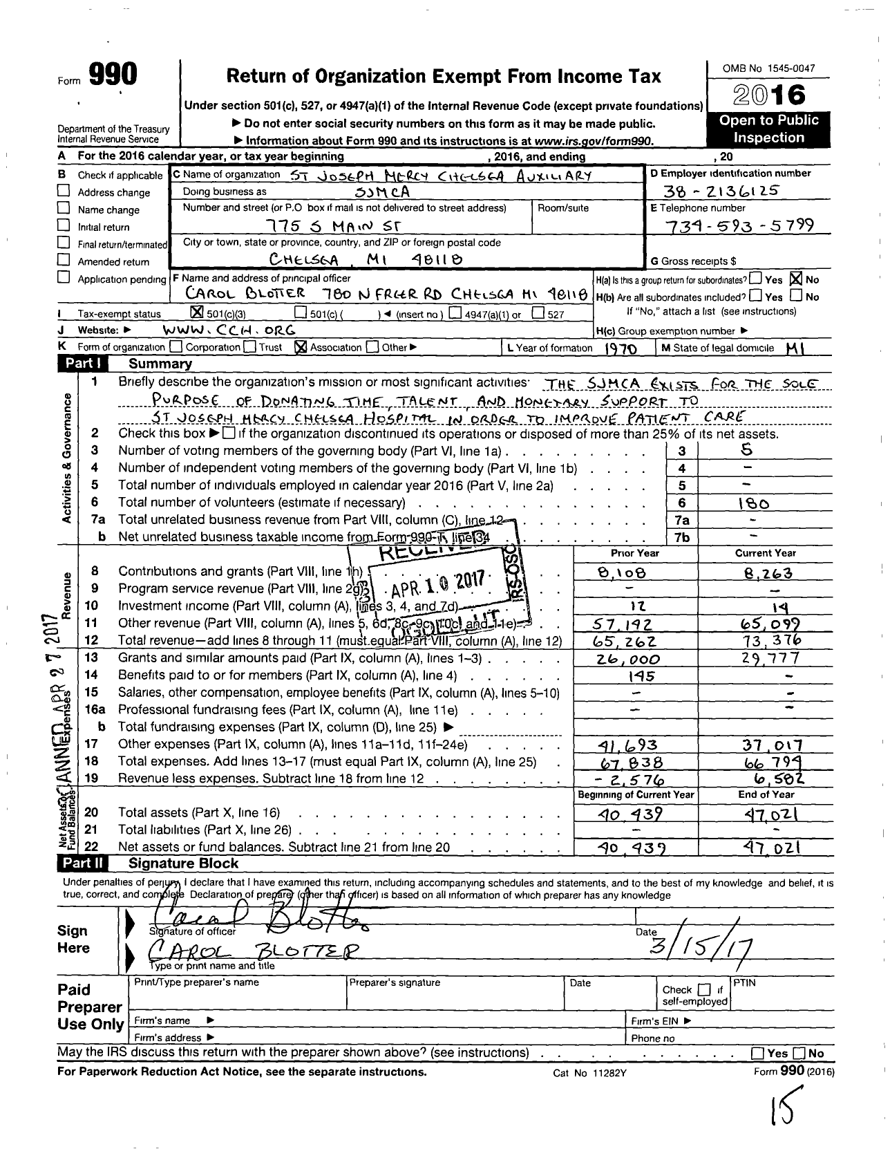 Image of first page of 2016 Form 990 for St Joseph Mercy Chelsea Auxiliary