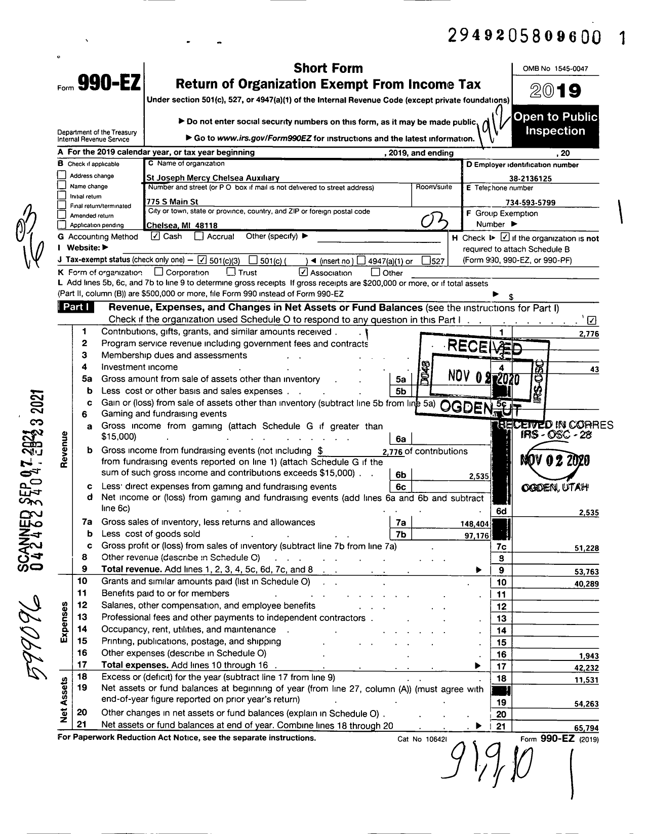 Image of first page of 2019 Form 990EZ for St Joseph Mercy Chelsea Auxiliary