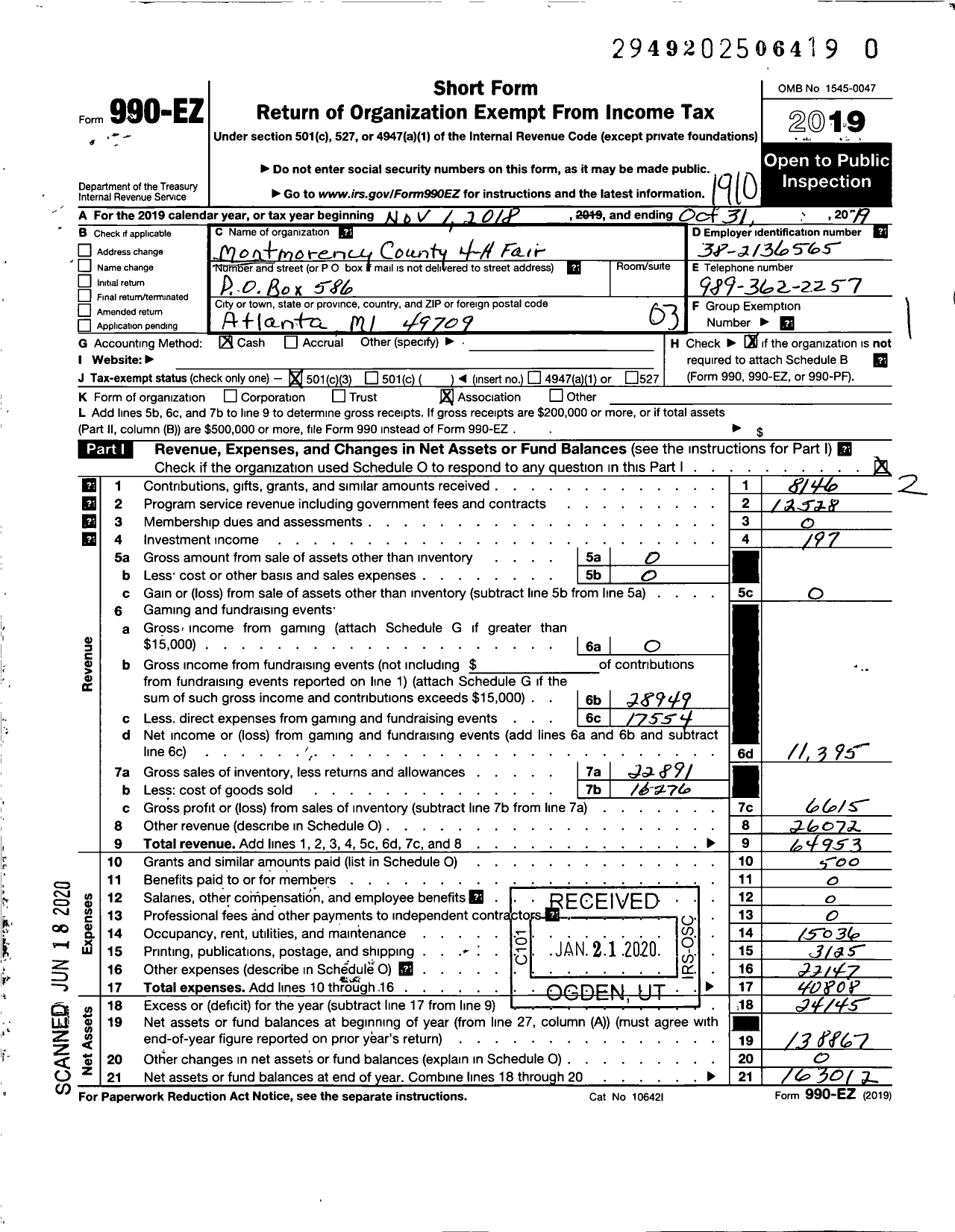 Image of first page of 2018 Form 990EZ for Montmorency County 4-H Fair Association