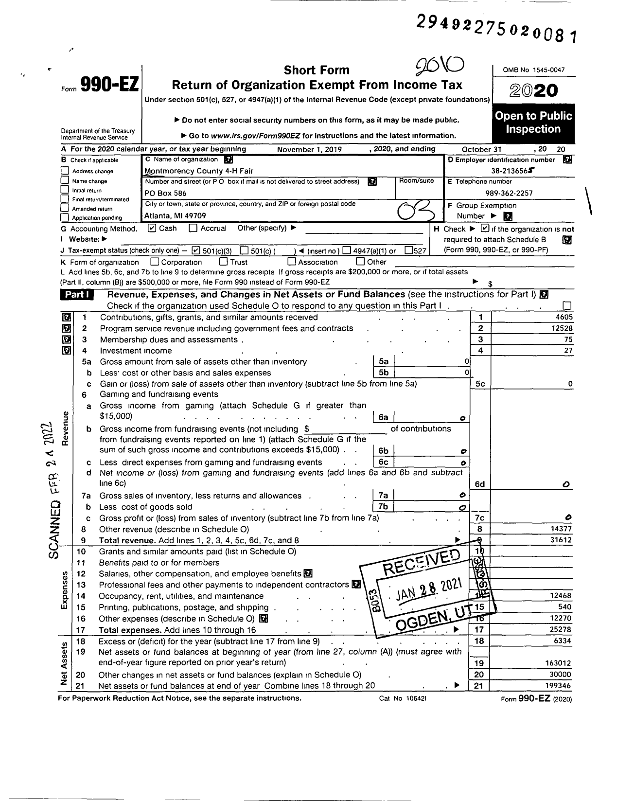 Image of first page of 2019 Form 990EZ for Montmorency County 4-H Fair Association