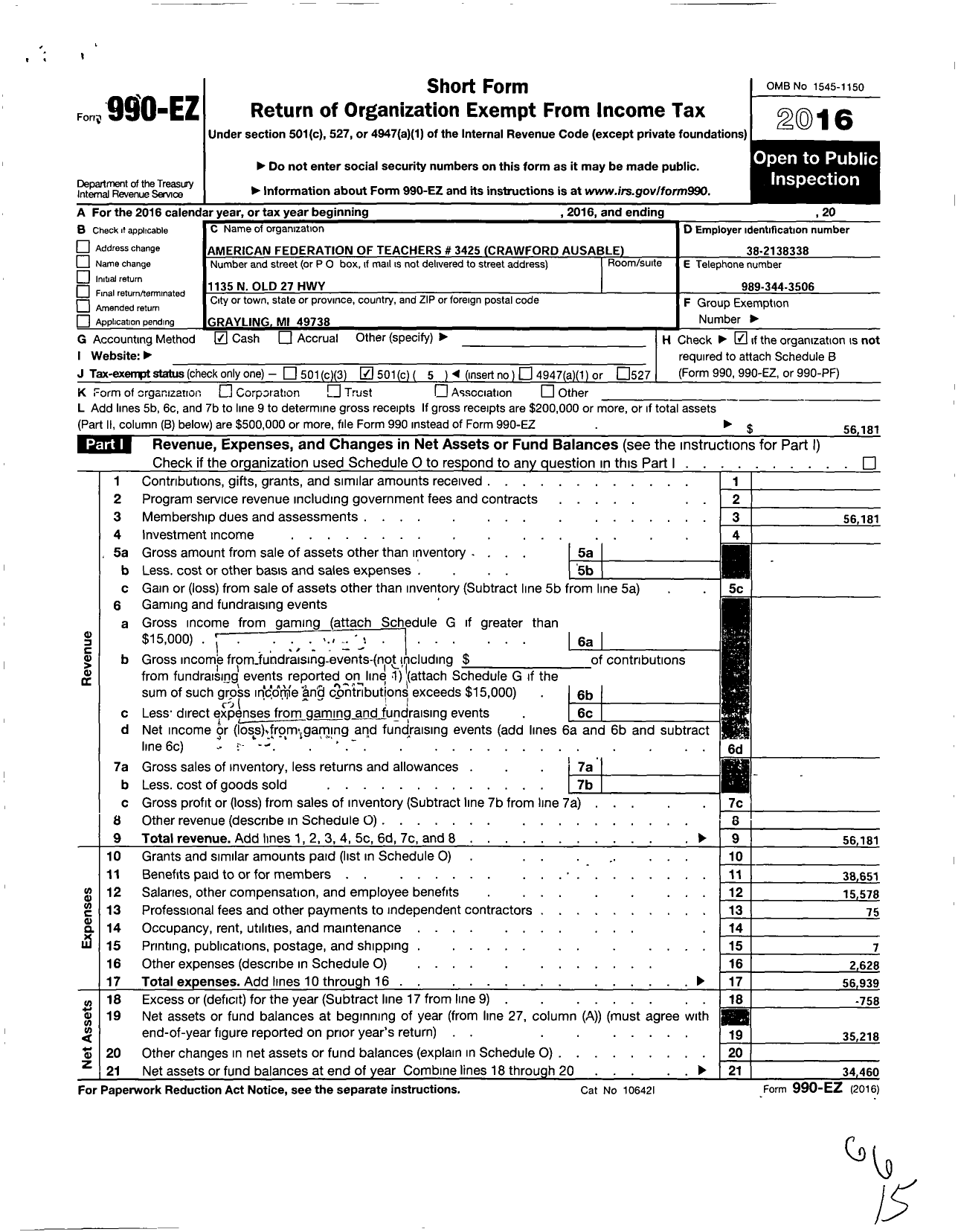 Image of first page of 2016 Form 990EO for American Federation of Teachers - 3425 Crawford Ausable Local Aft