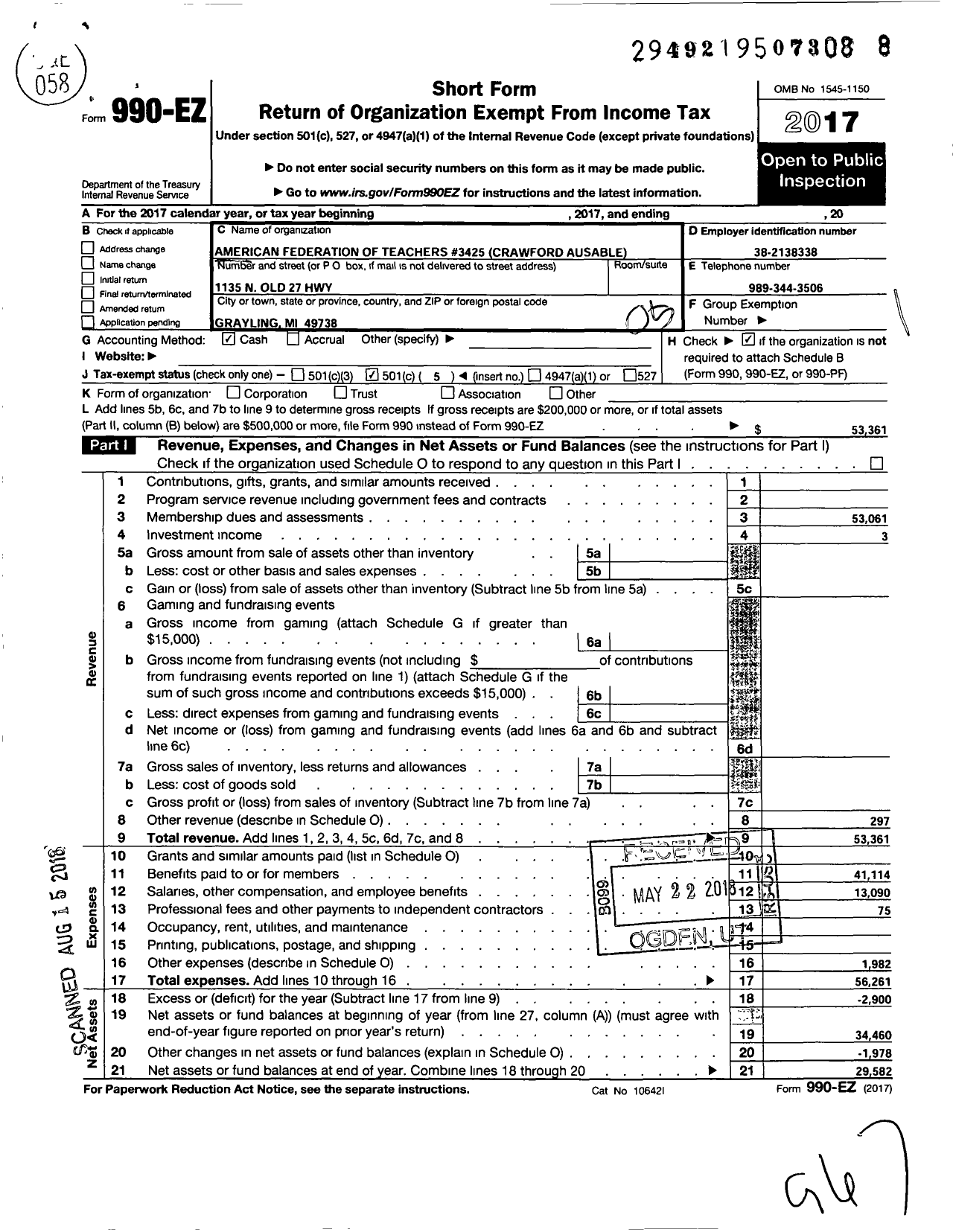 Image of first page of 2017 Form 990EO for American Federation of Teachers - 3425 Crawford Ausable Local Aft