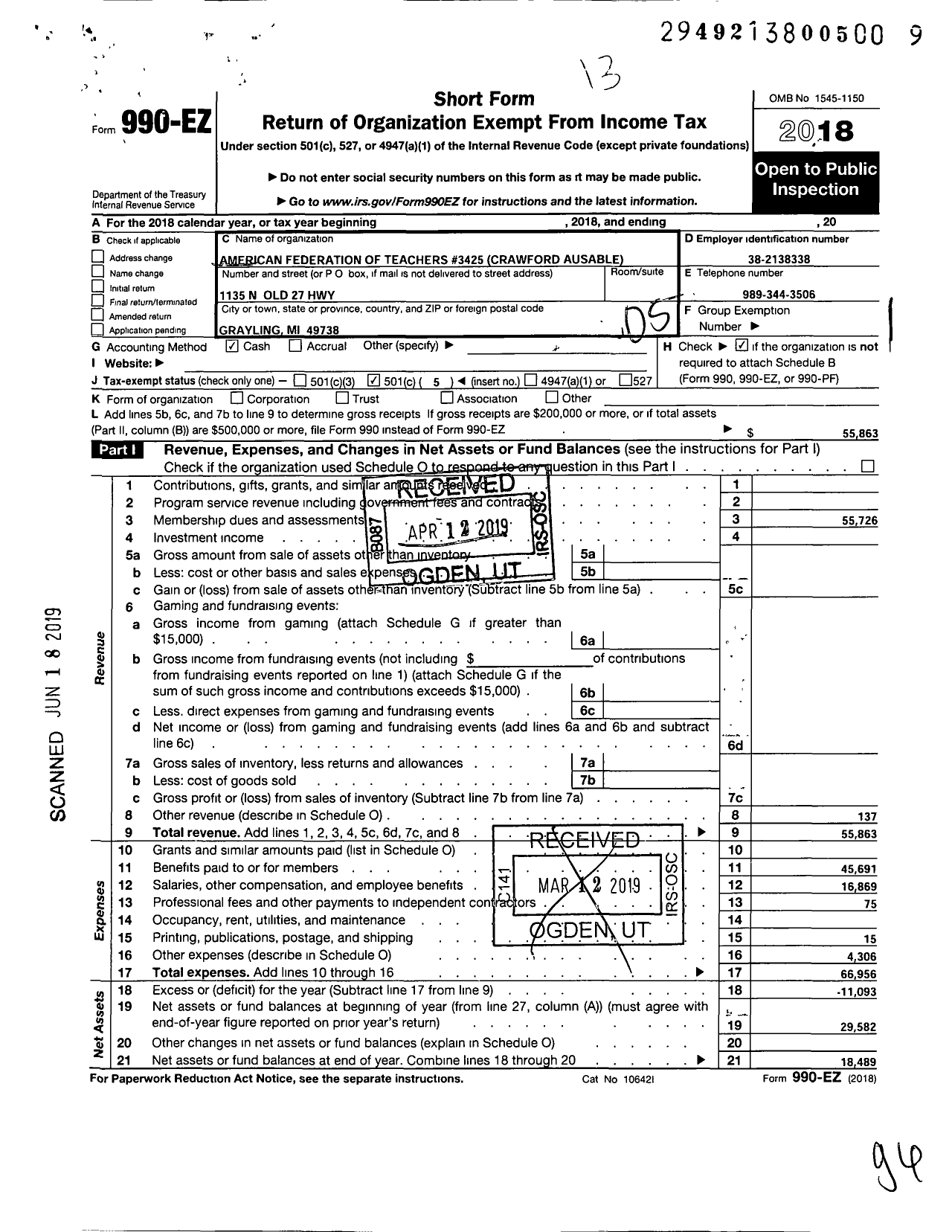 Image of first page of 2018 Form 990EO for American Federation of Teachers - 3425 Crawford Ausable Local Aft