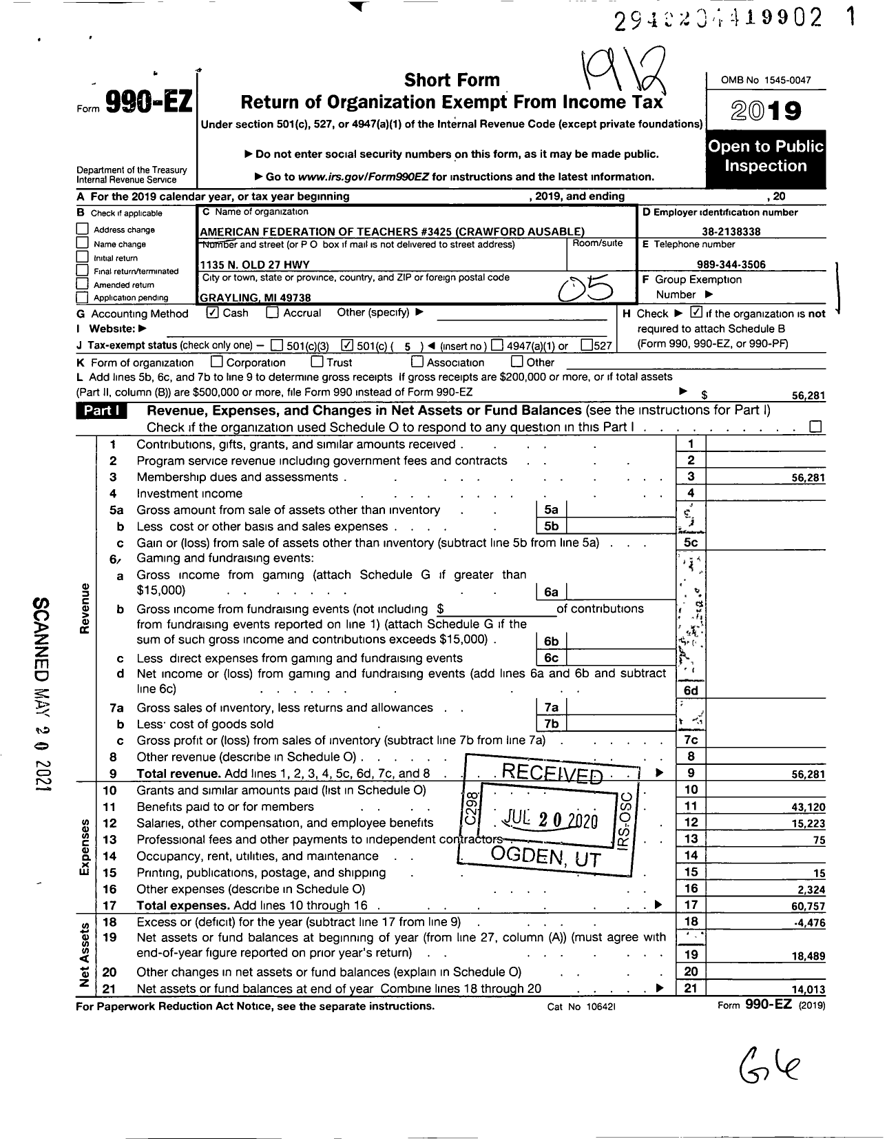 Image of first page of 2019 Form 990EO for American Federation of Teachers - 3425 Crawford Ausable Local Aft