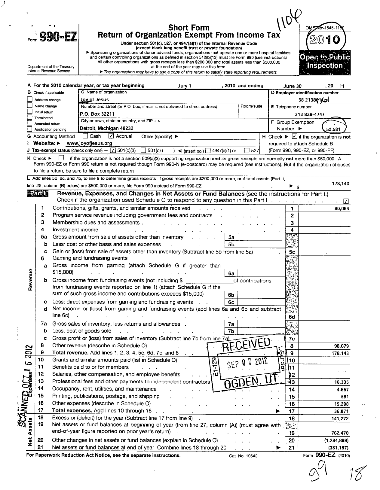 Image of first page of 2010 Form 990EZ for Joy of Jesus