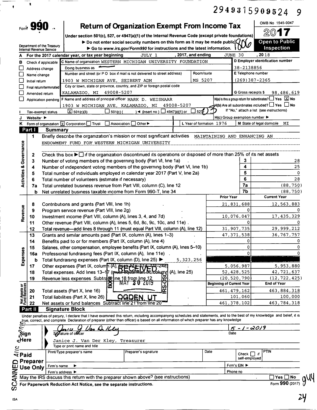 Image of first page of 2017 Form 990 for Western Michigan University Foundation