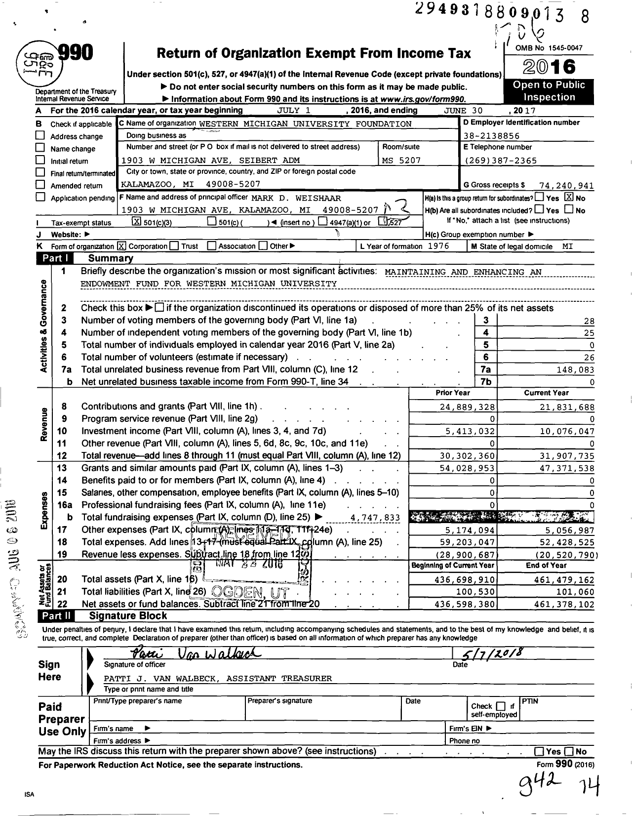 Image of first page of 2016 Form 990 for Western Michigan University Foundation