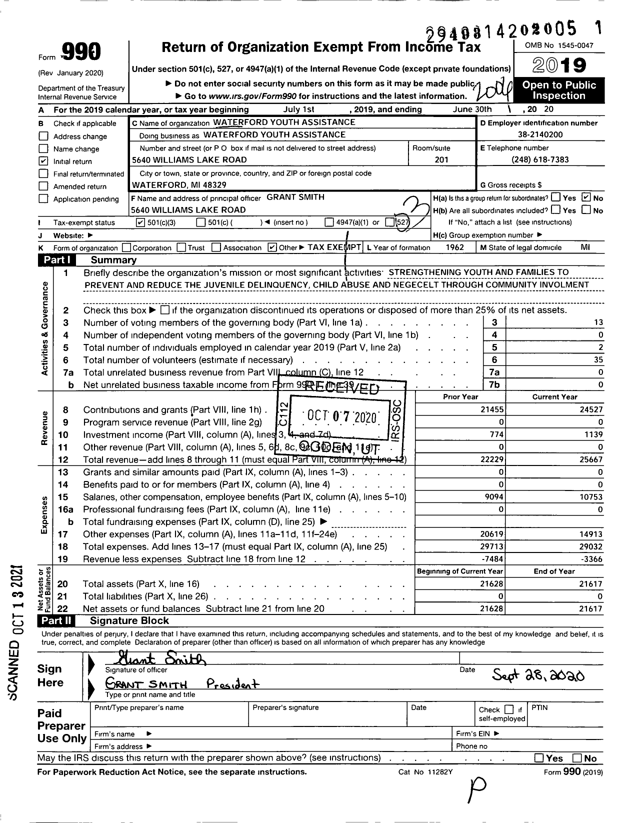 Image of first page of 2019 Form 990 for Waterford Youth Assistance