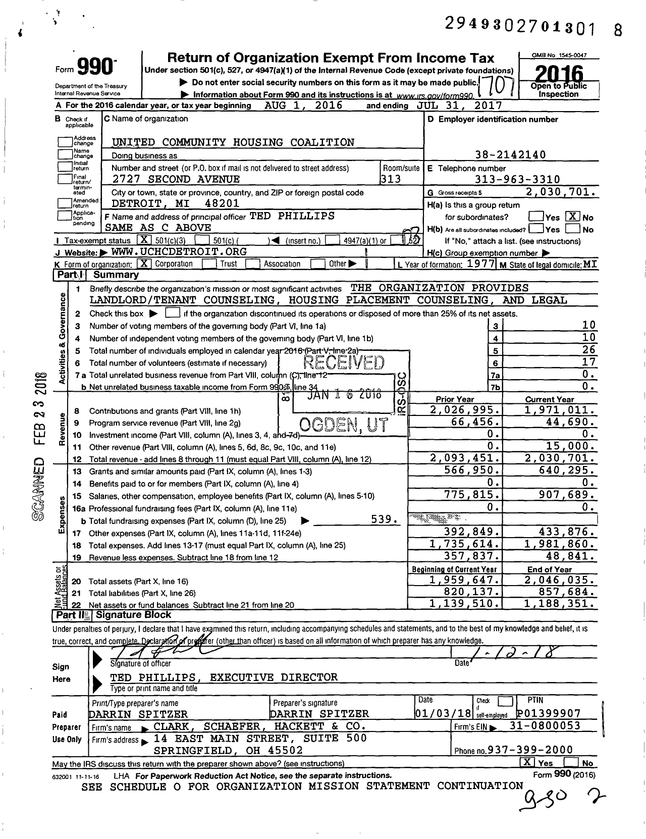 Image of first page of 2016 Form 990 for United Community Housing Coalition