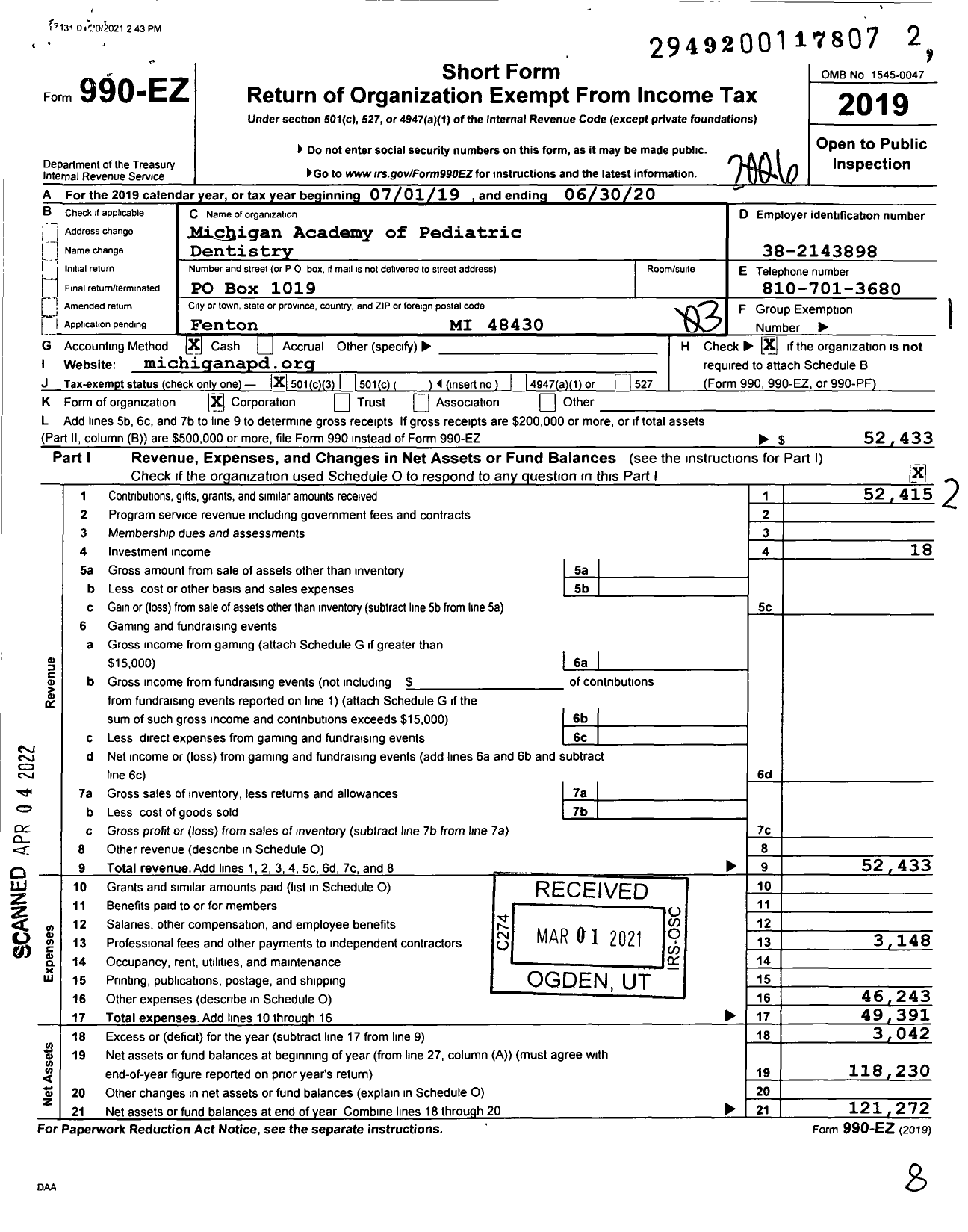 Image of first page of 2019 Form 990EZ for Michigan Academy of Pedodontics