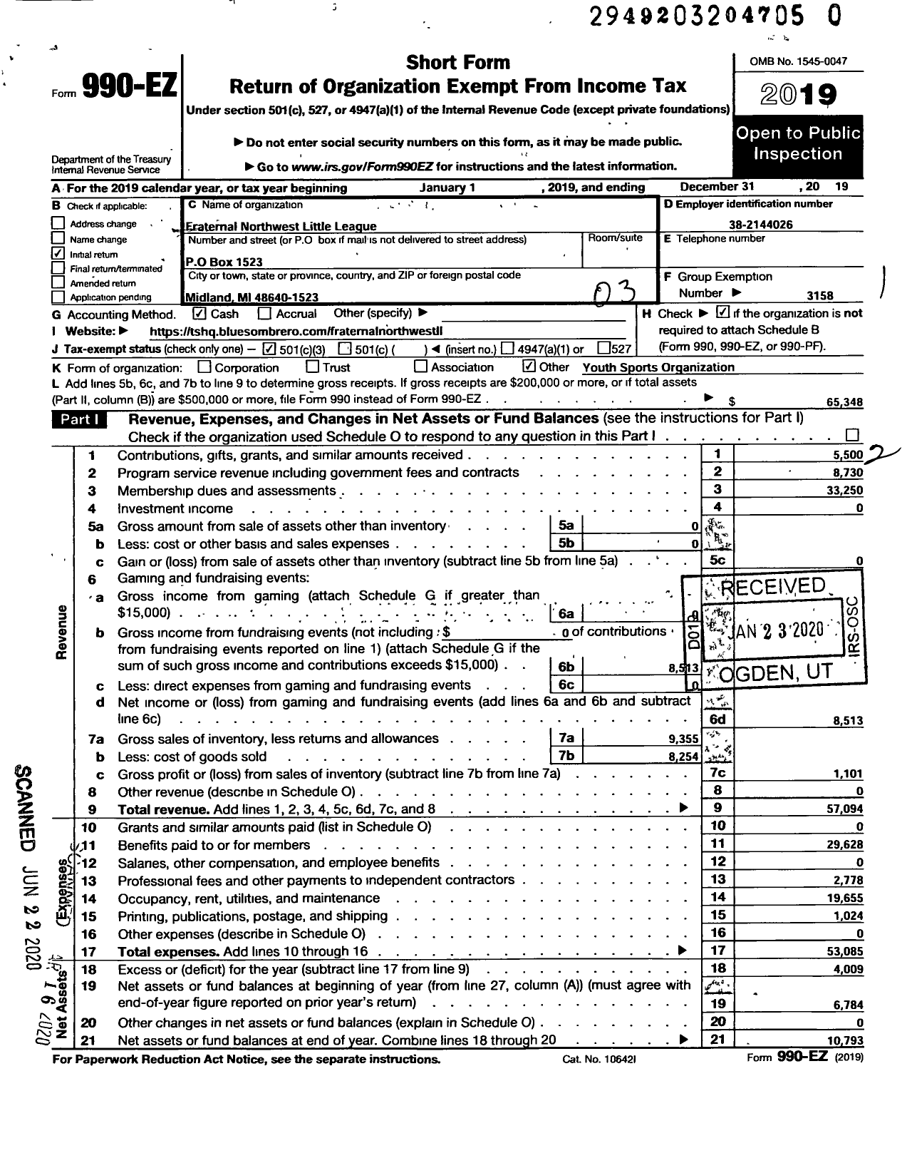 Image of first page of 2019 Form 990EZ for Little League Baseball - 1220111 Fraternal Northwest LL