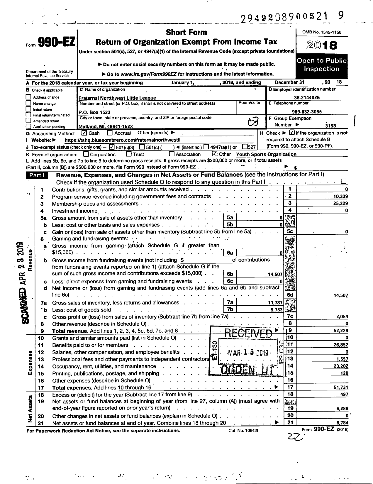 Image of first page of 2018 Form 990EZ for Little League Baseball - 1220111 Fraternal Northwest LL