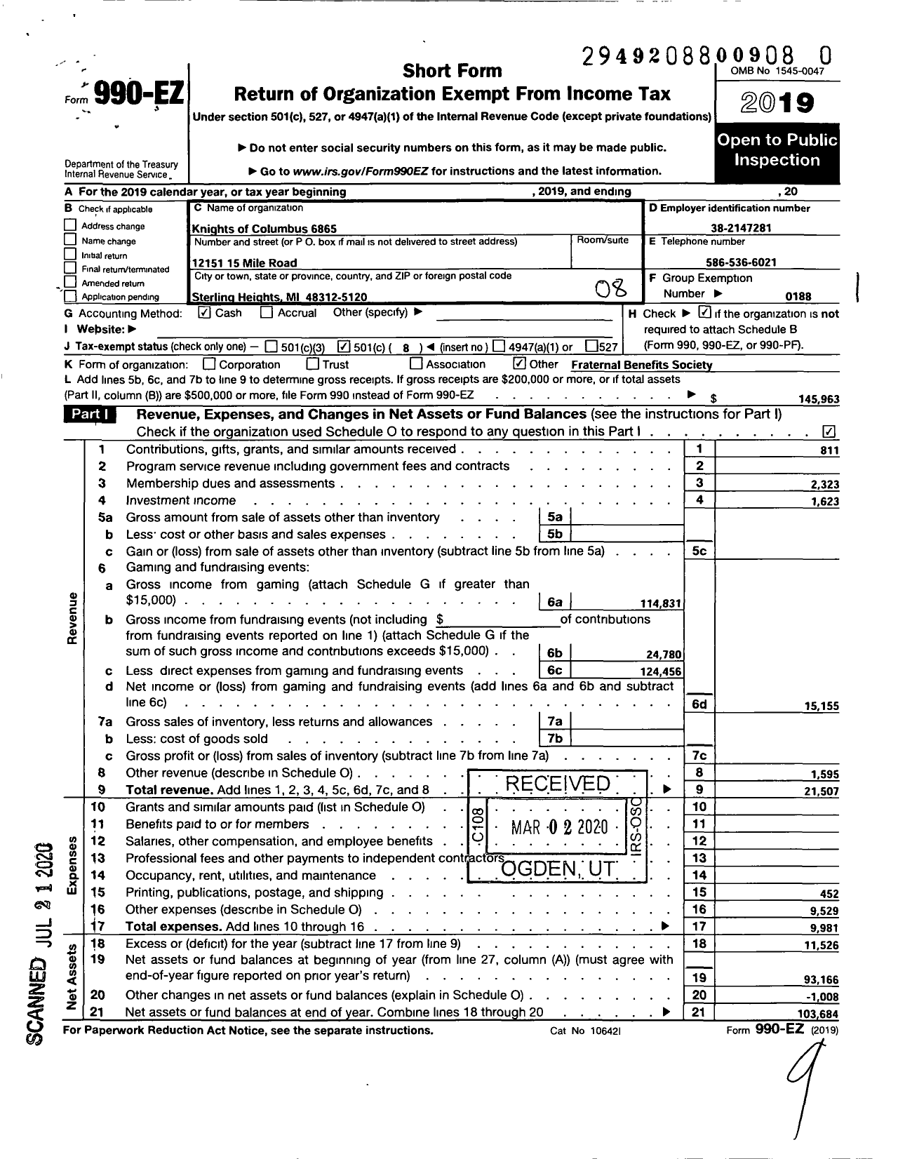 Image of first page of 2019 Form 990EO for Knights of Columbus - 6865 Sterling Heights Council