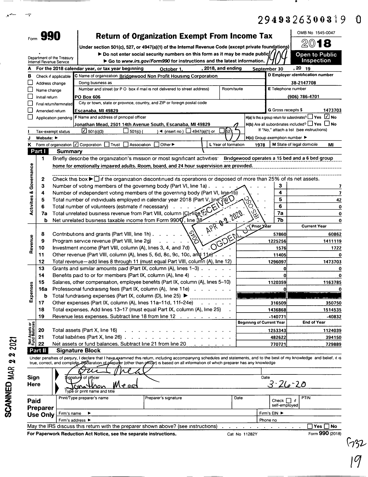 Image of first page of 2018 Form 990 for Bridgewood Non Profit Housing Corporation