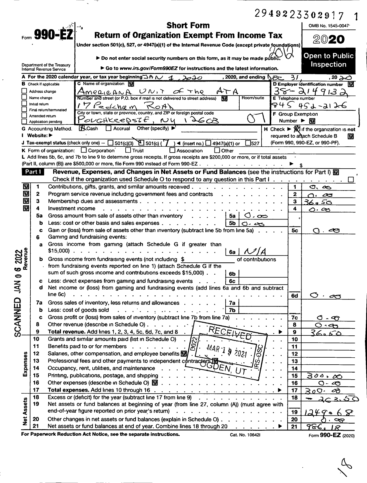 Image of first page of 2020 Form 990EO for Americana Unit of the Americana Topical Association