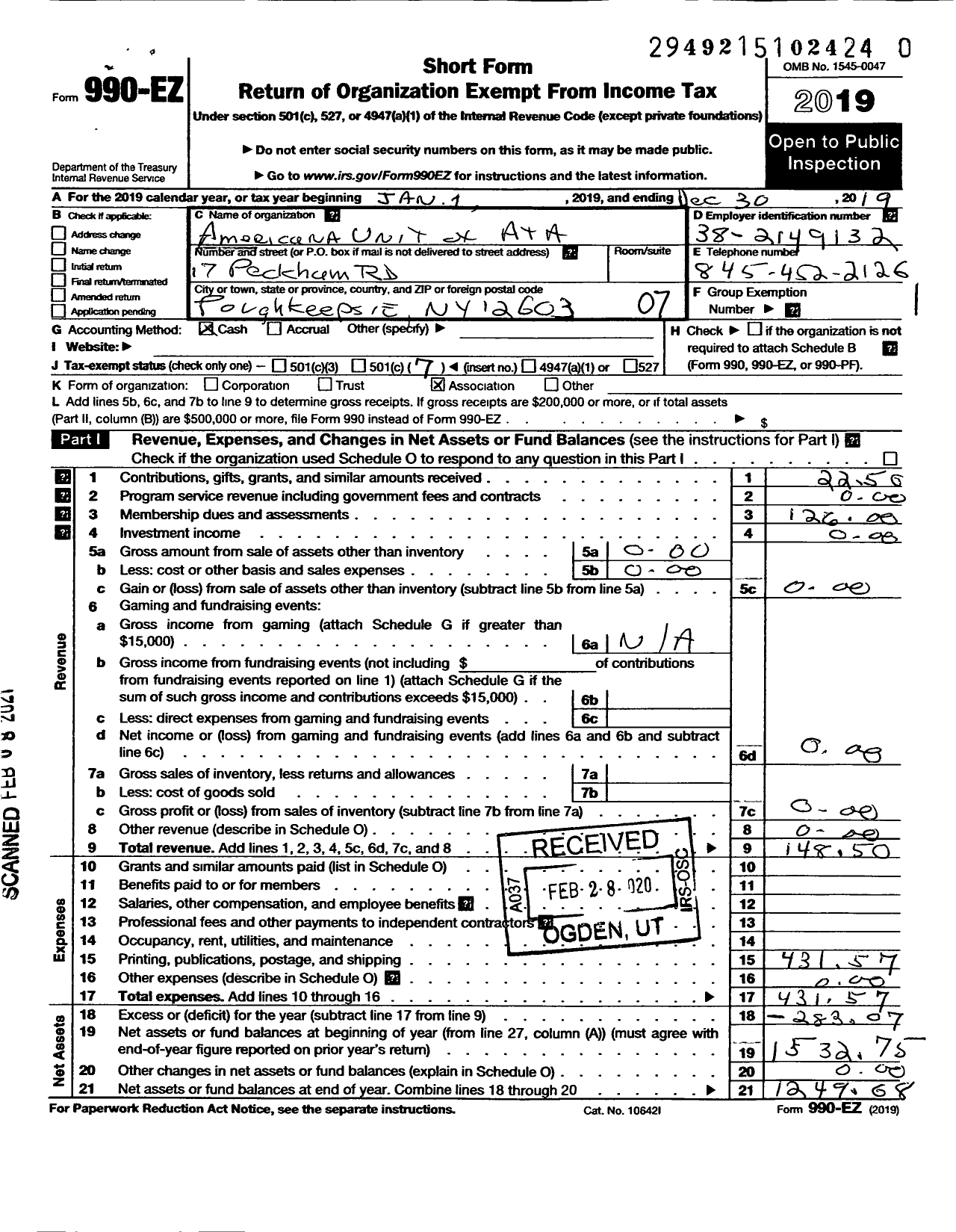 Image of first page of 2019 Form 990EO for Americana Unit of the Americana Topical Association