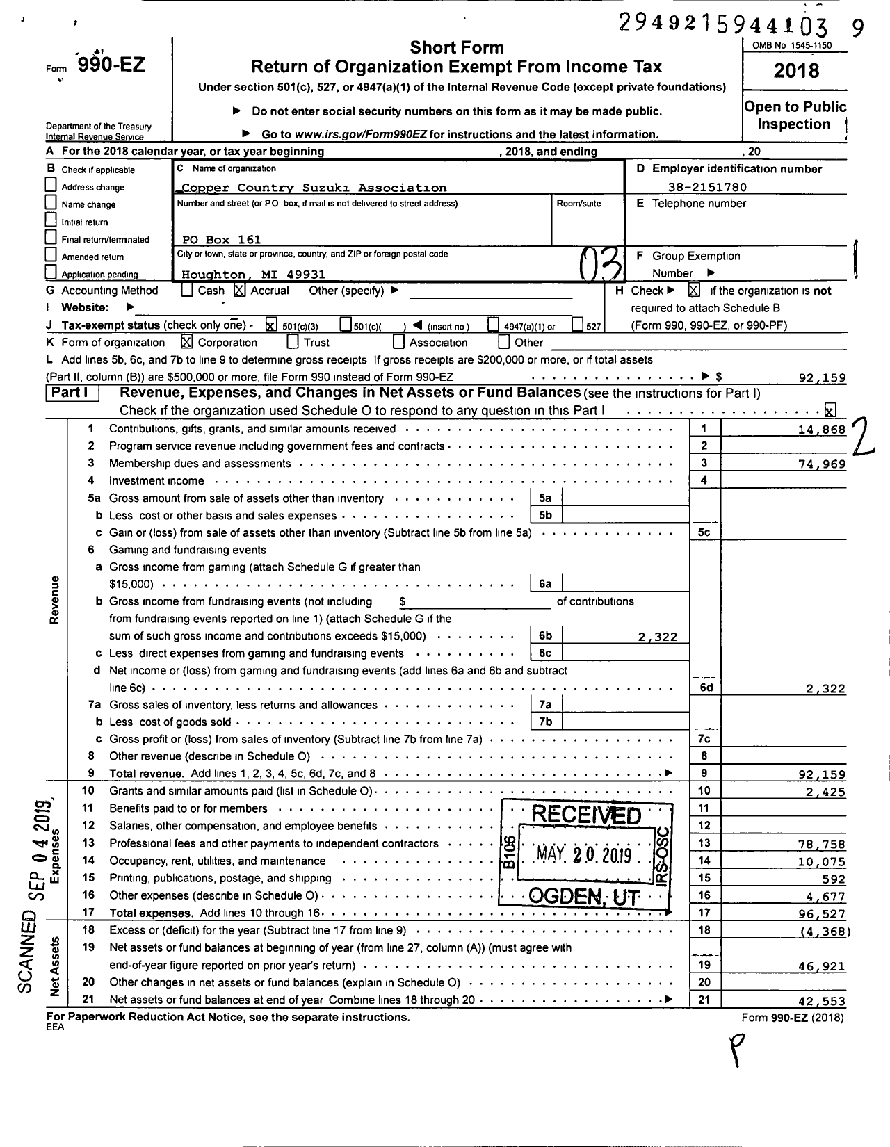 Image of first page of 2018 Form 990EZ for Copper Country Suzuki Association