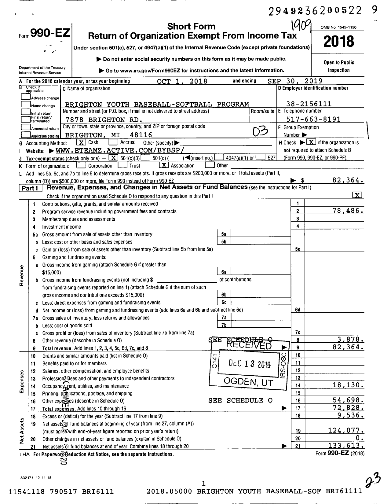 Image of first page of 2018 Form 990EZ for Brighton Youth Baseball-Softball Program