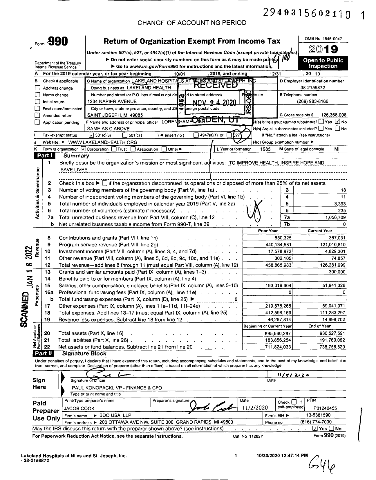 Image of first page of 2019 Form 990 for Lakeland Health / Lakeland Hospitals at Niles and St Joseph Inc