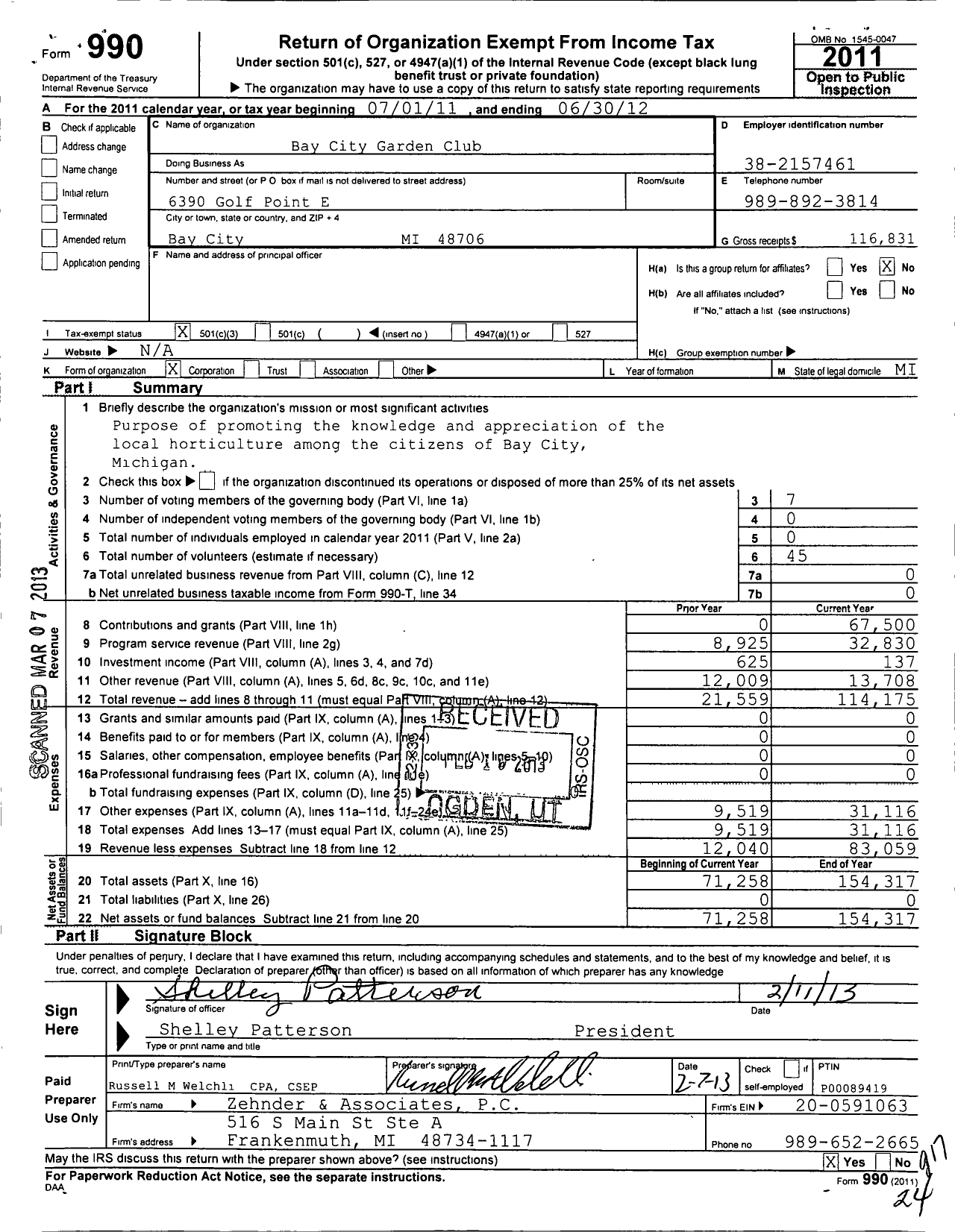 Image of first page of 2011 Form 990 for Bay City Garden Club