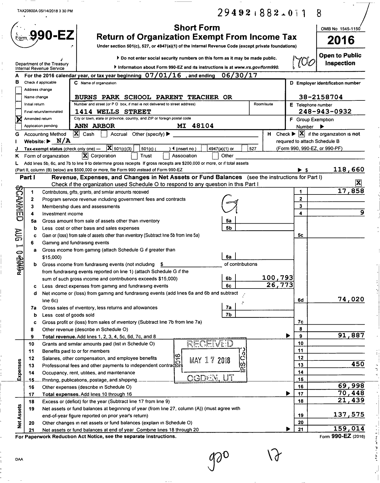 Image of first page of 2016 Form 990EZ for Burns Park School Parent Teacher Or