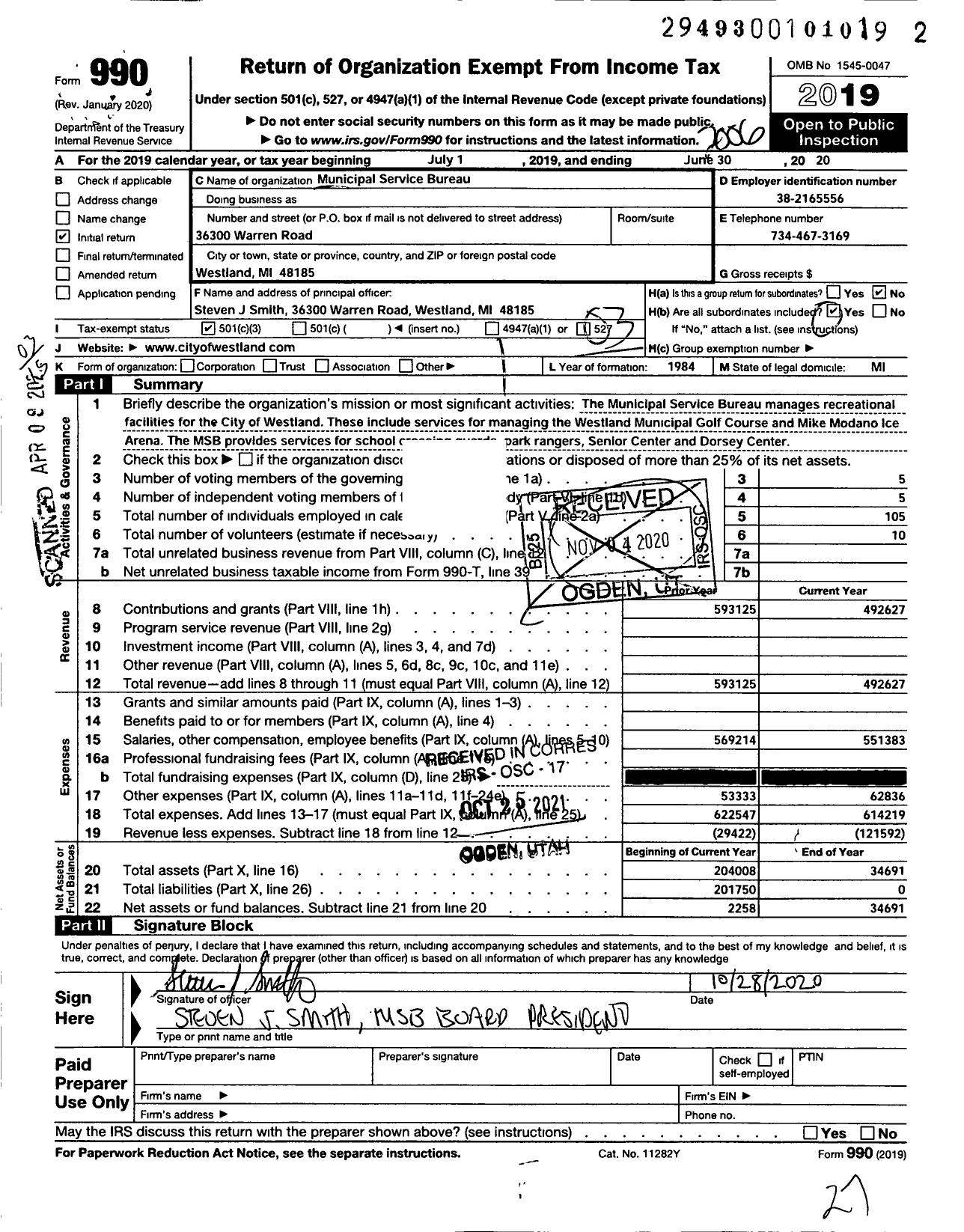 Image of first page of 2019 Form 990 for Municipal Service Bureau