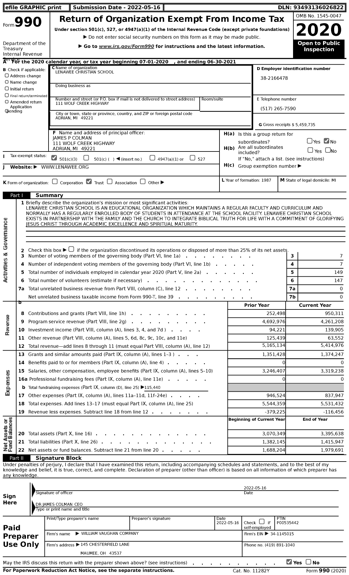 Image of first page of 2020 Form 990 for Lenawee Christian School