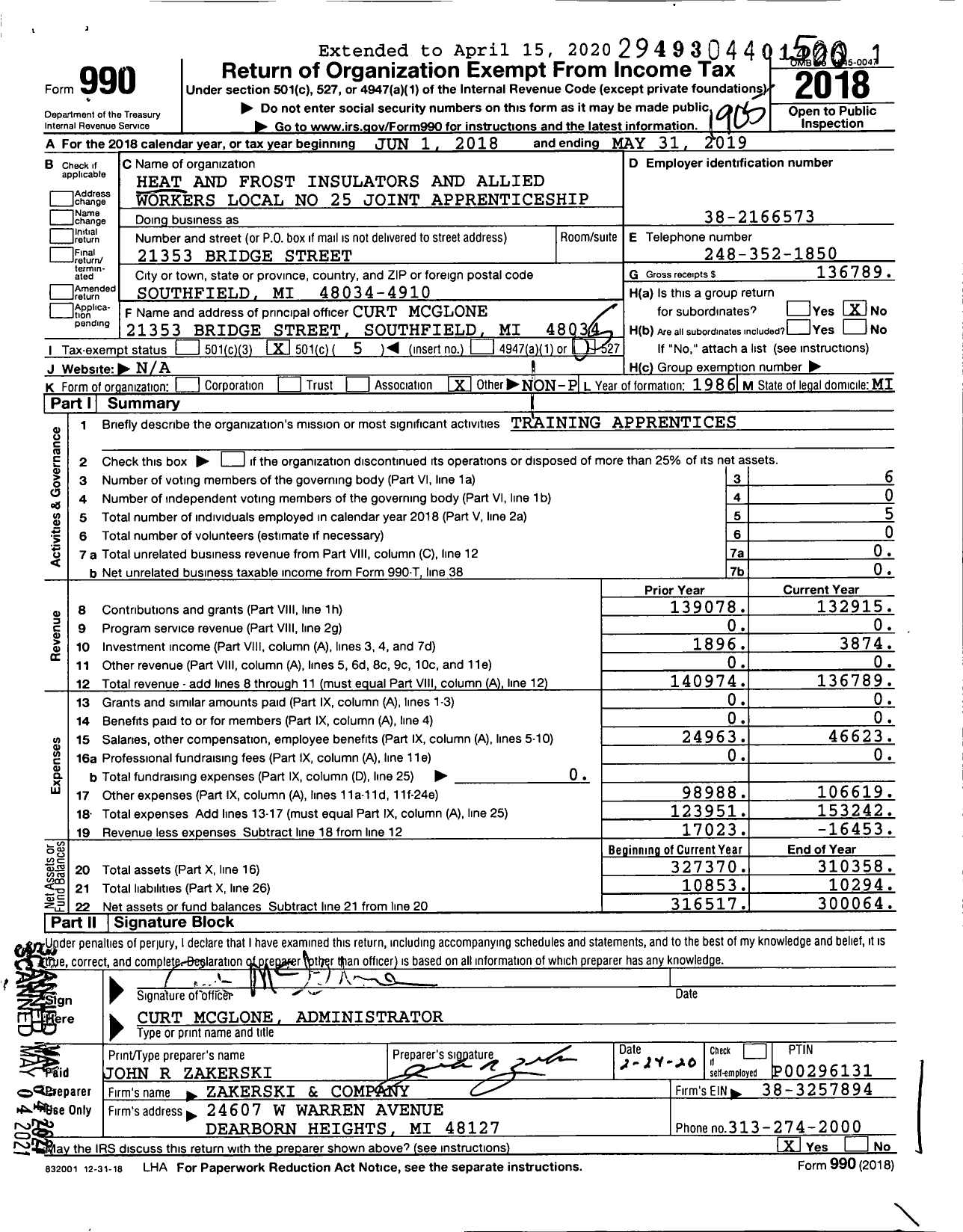 Image of first page of 2018 Form 990O for Heat & Frost Local 25 Joint Apprenticeship & Training Fund