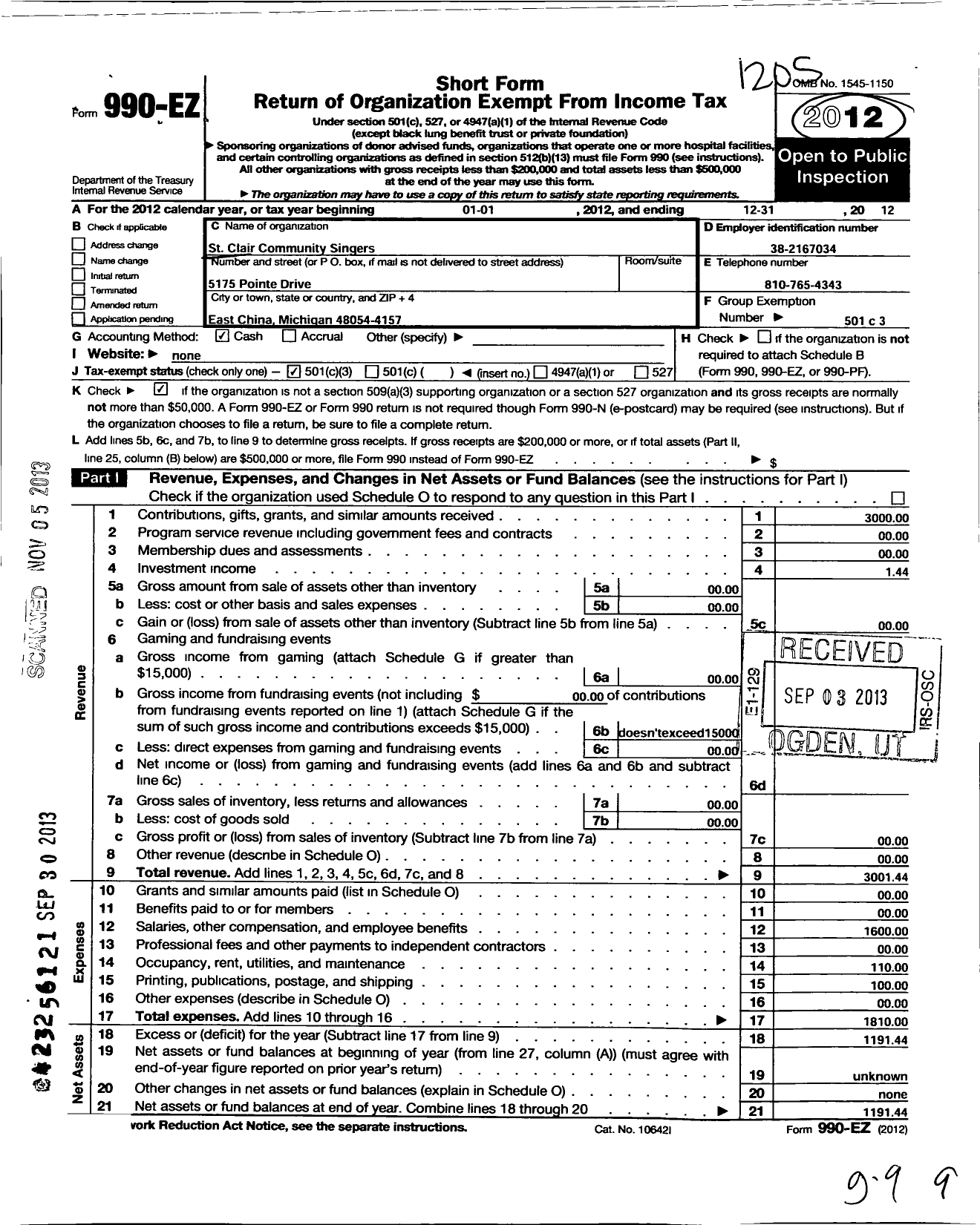 Image of first page of 2011 Form 990EZ for St Clair Community Singers