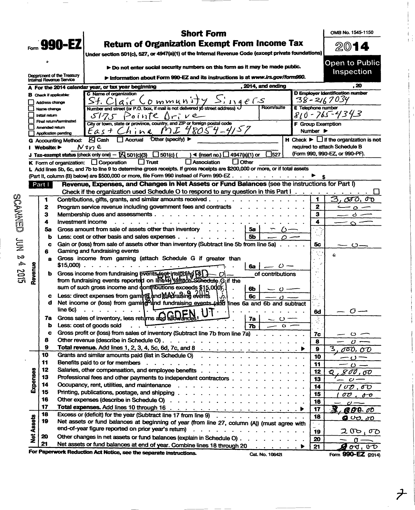 Image of first page of 2014 Form 990EZ for St Clair Community Singers